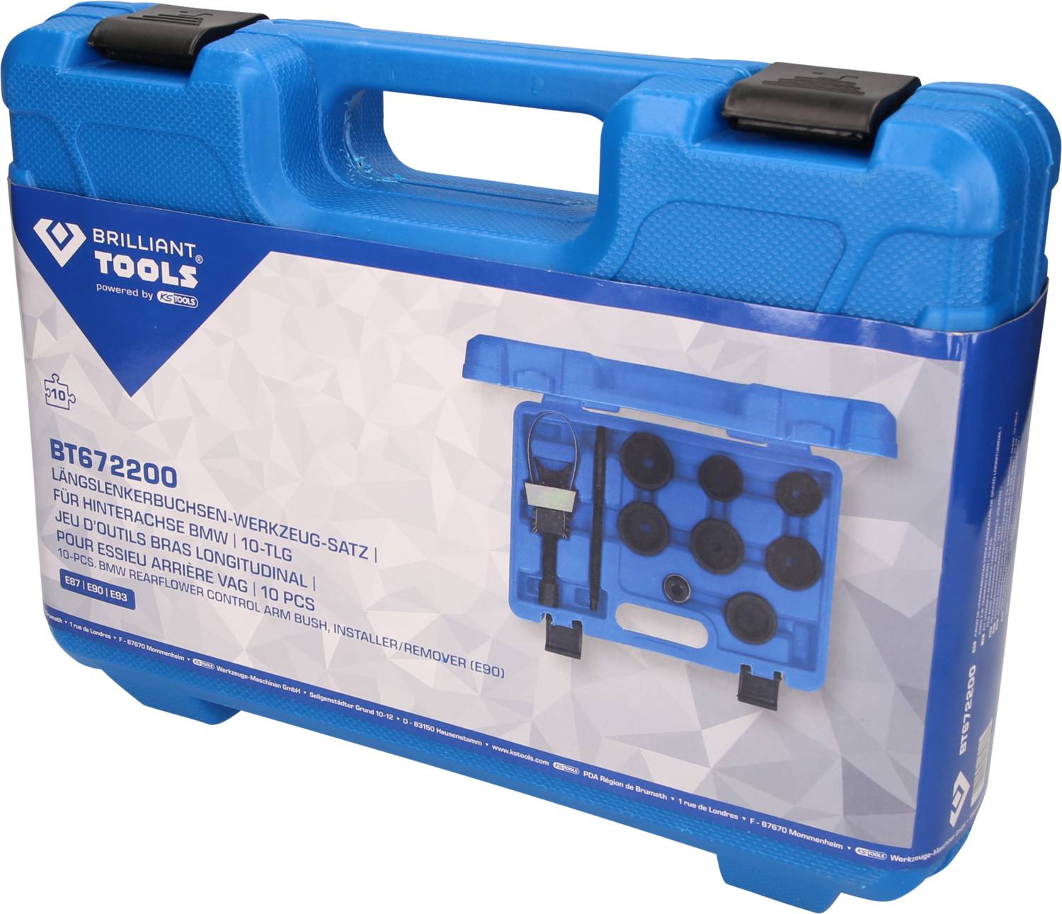 Blauer Werkzeugkoffer mit Beschriftung 'Brilliant Tools', enthält Langschlagnussenset, abgebildet sind zehn Teile in einer Schaumstoffeinlage.