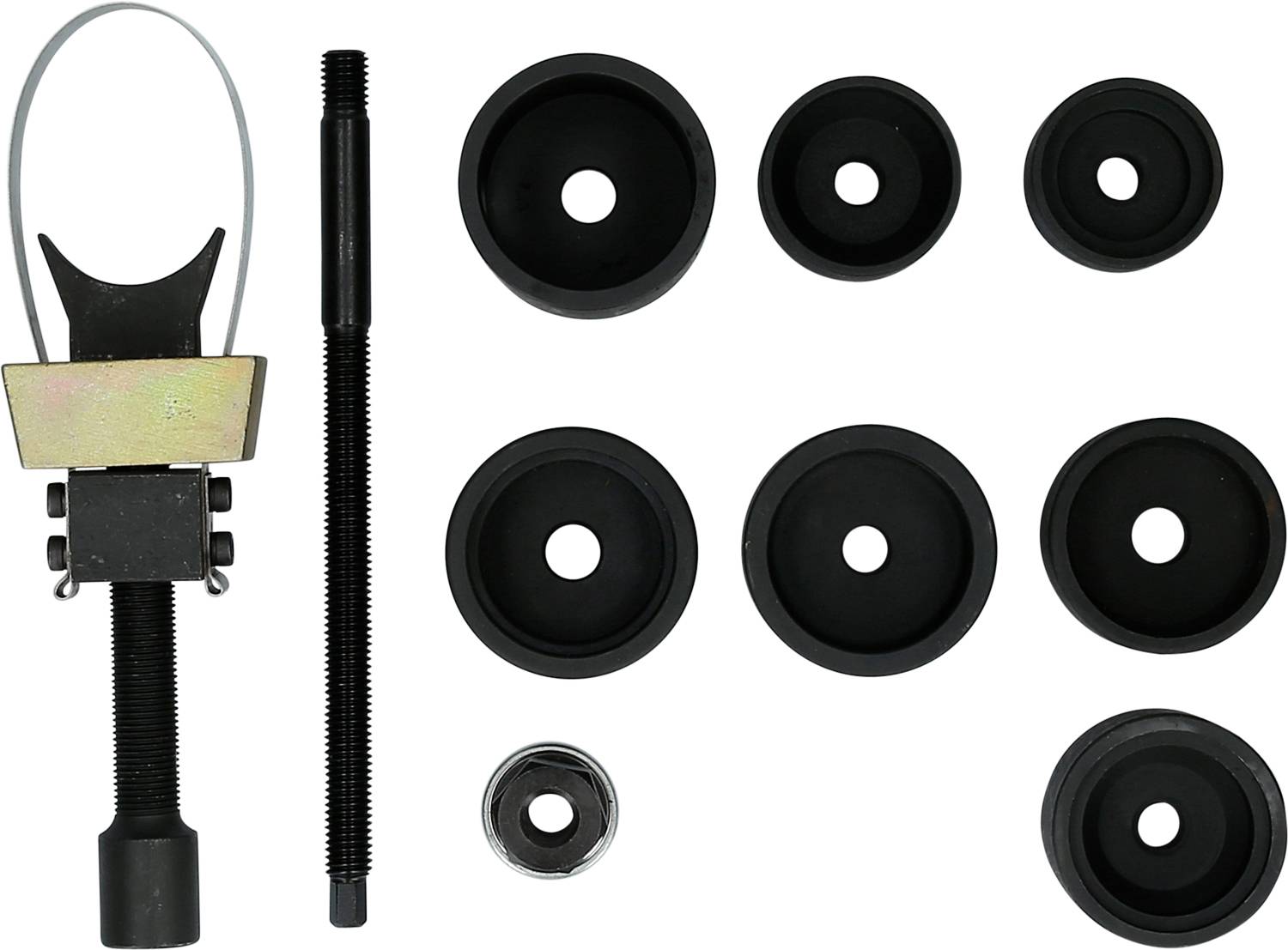 Montagesatz mit Schraube, Klammer und acht verschiedenen runden Aufsätzen. Werkzeuge zur Montage und Anpassung von Teilen.