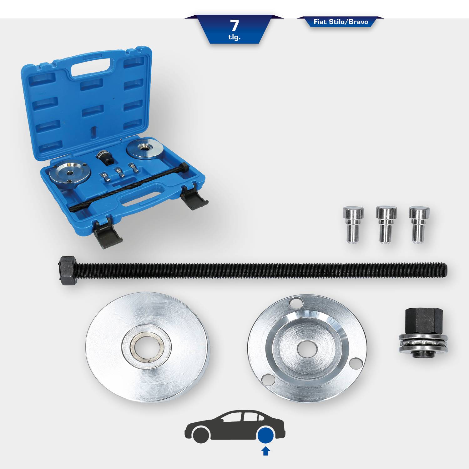 Werkzeugset für Fiat Stilo/Bravo: Enthält blaue Tragetasche, Gewindesatz, Adapter und zwei große Metallscheiben.