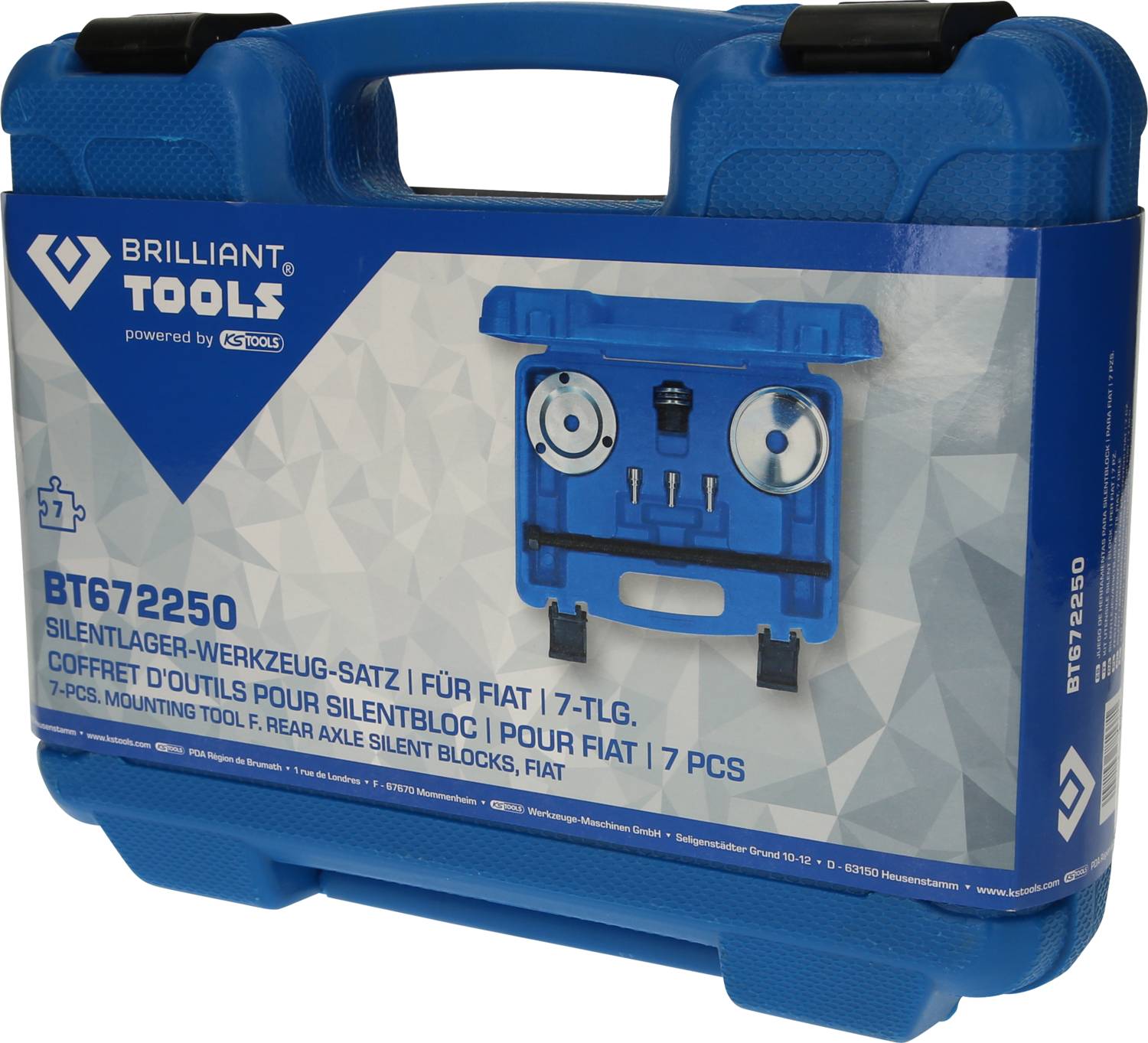 Blauer Werkzeugkoffer mit der Aufschrift 'Brilliant Tools'. Enthält einen 7-teiligen Silentlager-Werkzeugsatz für Fiat-Fahrzeuge.
