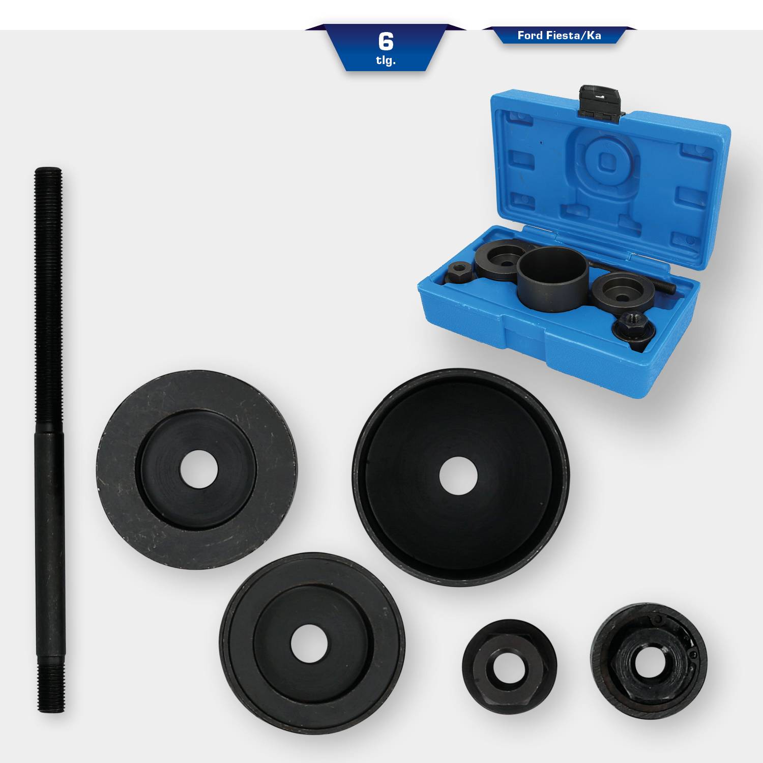 Ein sechsteiliges Werkzeugset für den Einsatz bei Ford Fiesta/Ka. Enthält eine Achse, Ringe und eine blaue Aufbewahrungsbox.