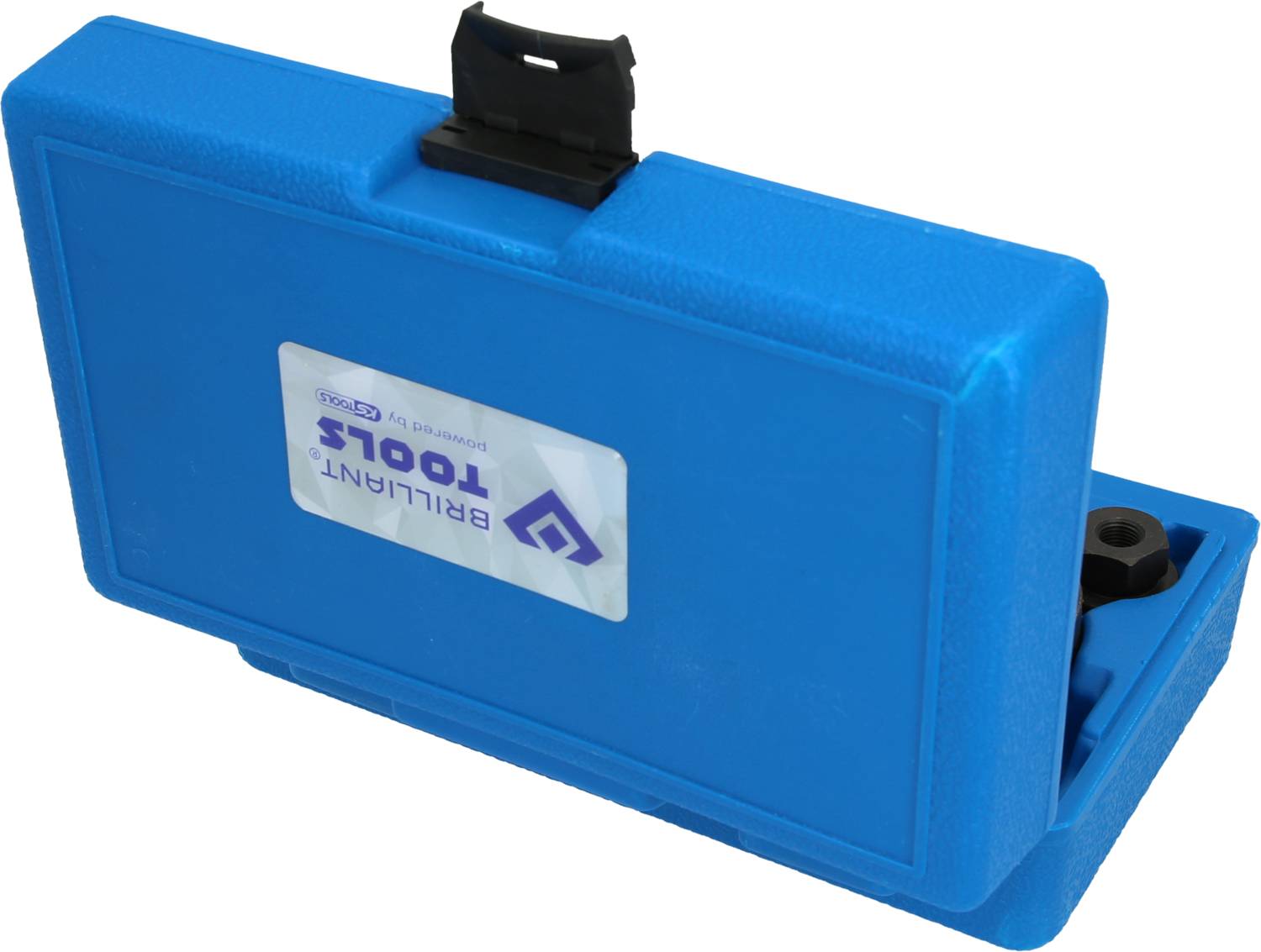 Blauer Werkzeugkasten mit einem schwarzen Verschluss, der teilweise geöffnet ist. Aufkleber 'Brilliant Tools' auf der Vorderseite.