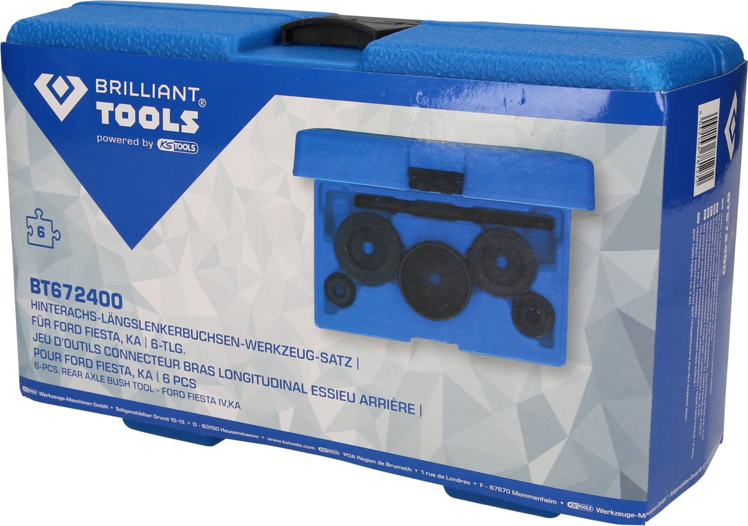 'Brilliant Tools BT672400' Hinterachs-Längslenkerbuchsen-Werkzeugsatz für Ford Fiesta, Ka, 6-teilig, mit blauem Werkzeugkoffer.