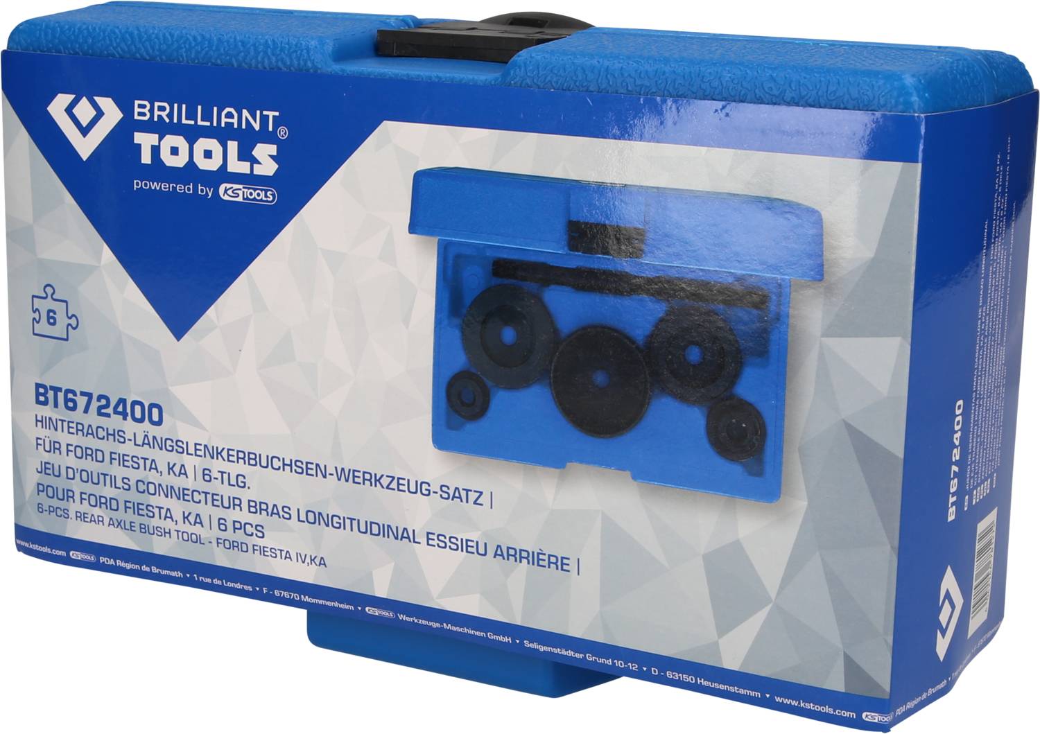 'Brilliant Tools' Werkzeugset BT672400. Enthält Spezialwerkzeug für Ford Fiesta, Ka, 6-teilig. Blaue Box mit Produktabbildung.