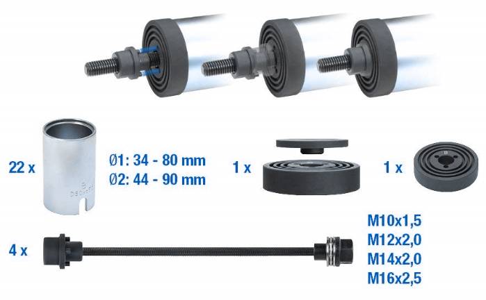 Hydraulikzylinder-Teilesatz bestehend aus Zylindern, Muttern, und Scheiben mit verschiedenen Durchmessern und Gewindegrößen.