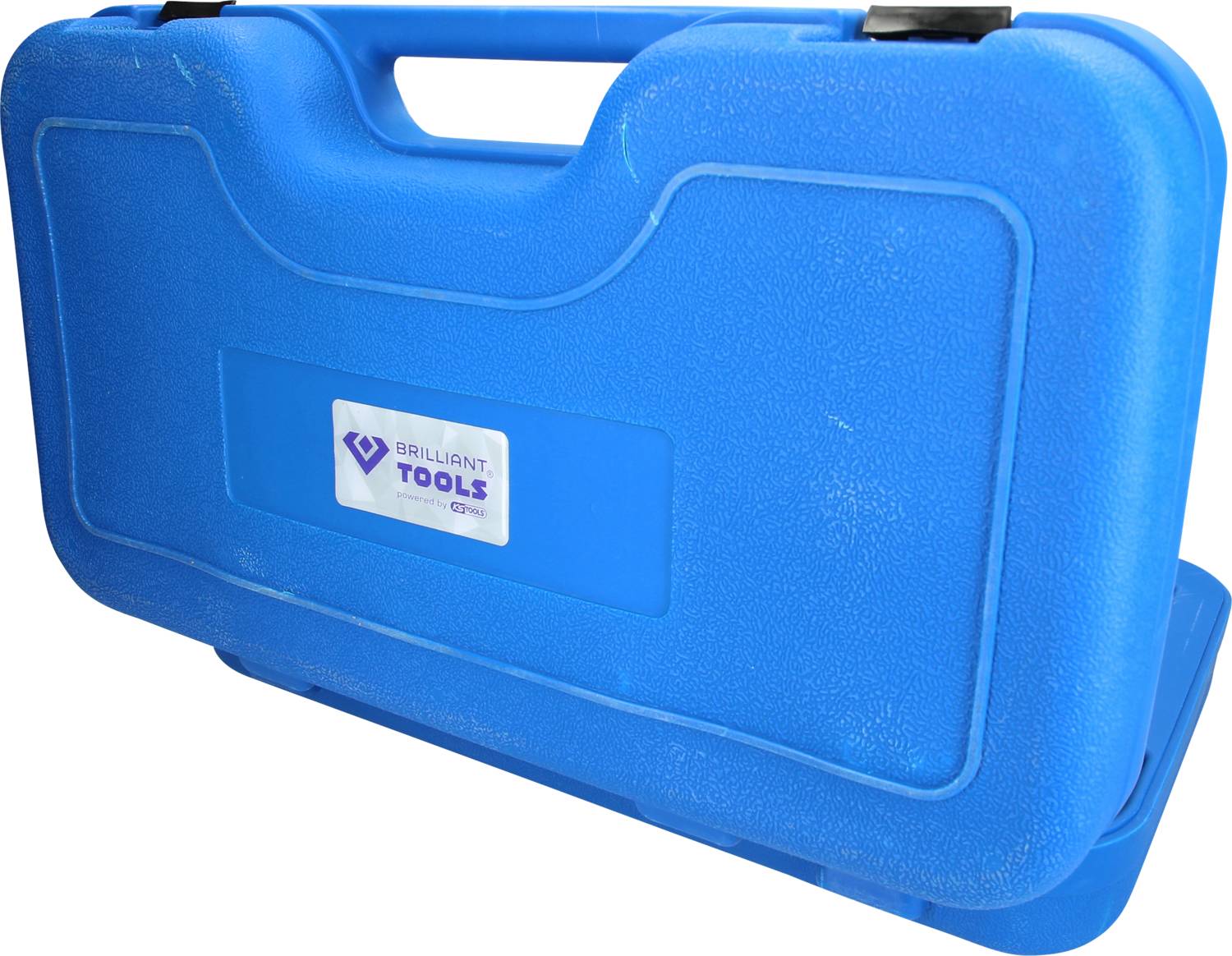 Blauer Werkzeugkoffer mit Griff und Logo 'Brilliant Tools' auf der Vorderseite.