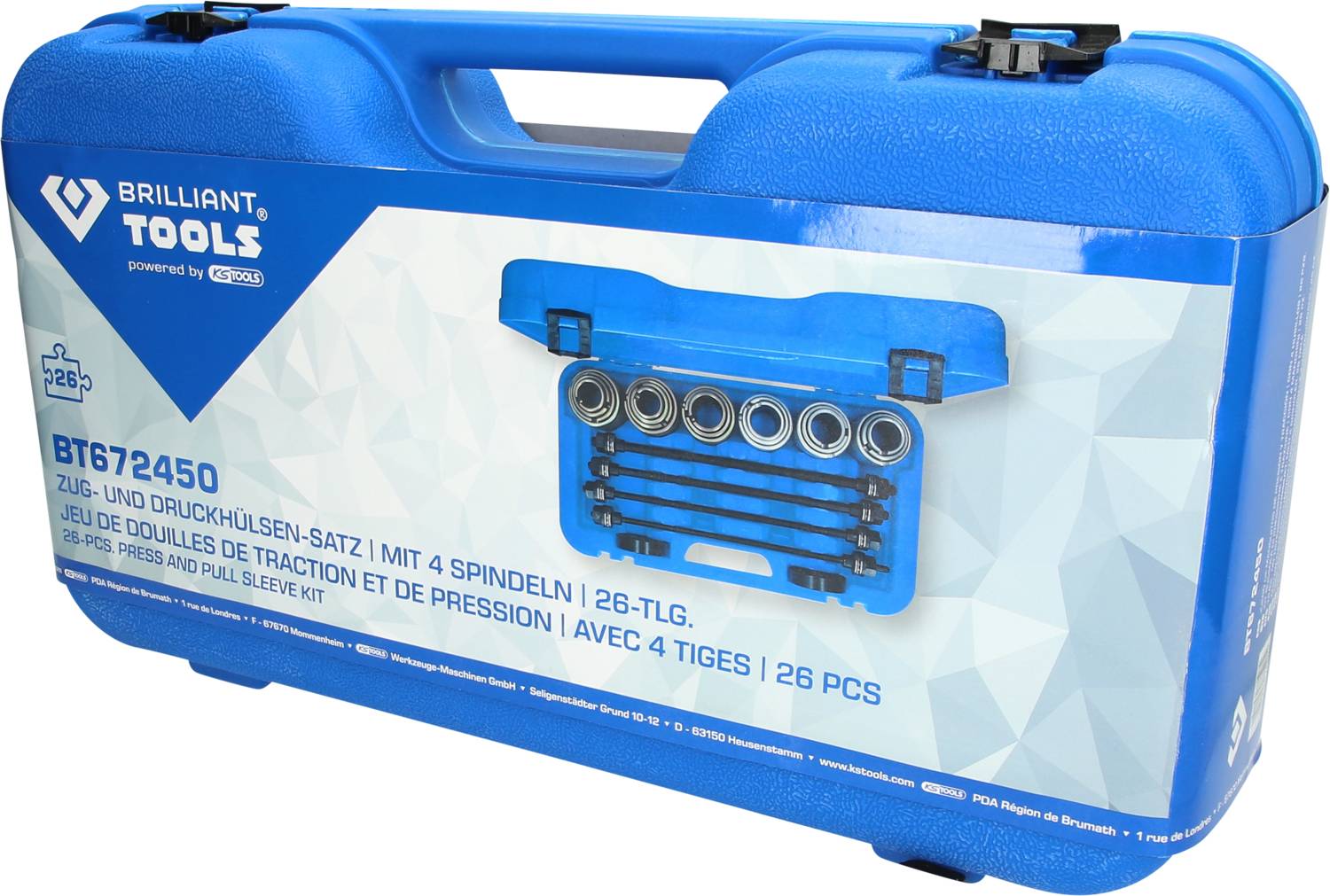 Ein blauer Werkzeugkoffer mit der Aufschrift 'Brilliant Tools'. Enthält ein 26-teiliges Zug- und Druckhülsenset mit vier Spindeln.