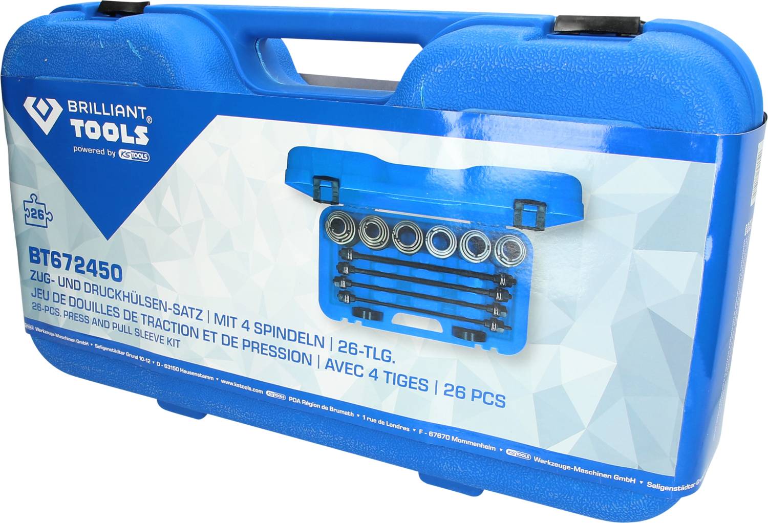 Blauer Werkzeugkoffer mit der Aufschrift 'Brilliant Tools'. Enthält einen Zug- und Druckhülsen-Satz mit 4 Spindeln, 26-teilig.