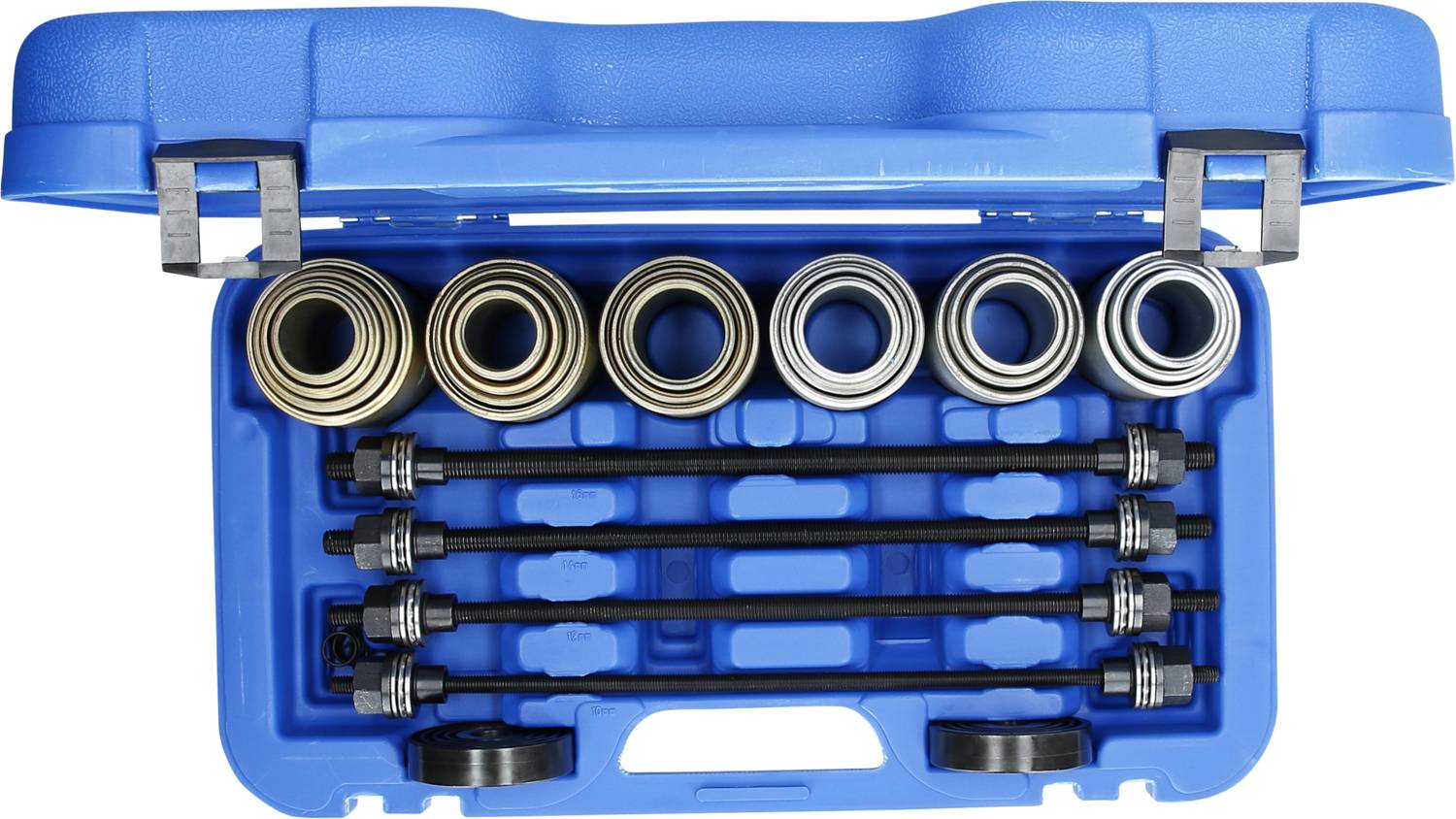 Ein blauer Werkzeugkasten mit mehreren Rundlagern und Stangen. Die Teile sind ordentlich in individuellen Fächern sortiert.