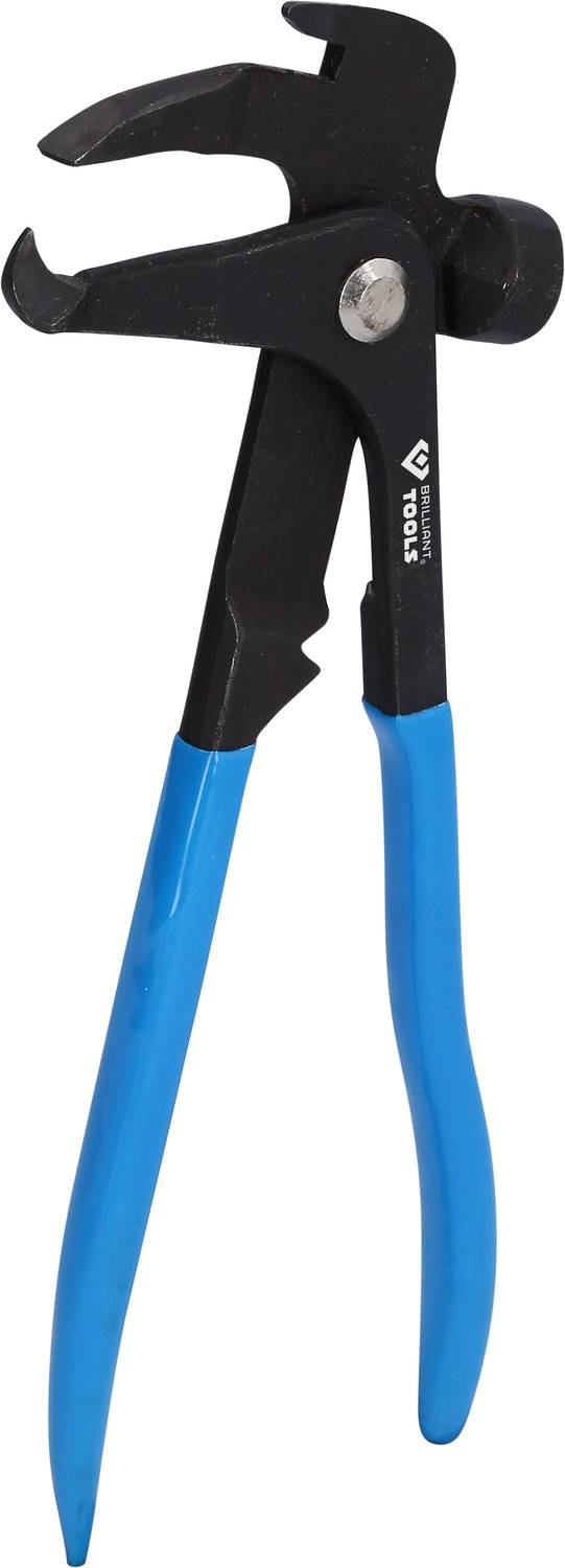 Zange mit schwarzen Greifflächen und blauen Griffen, geeignet zum Ziehen von Nägeln oder Drähten.