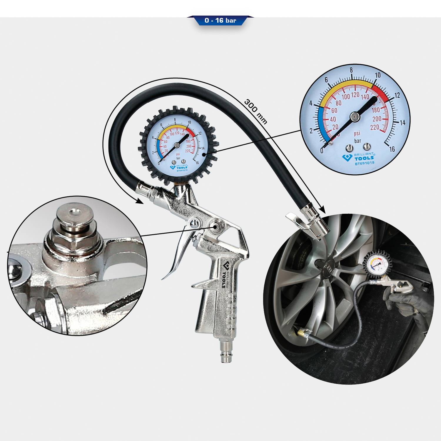 Reifendruckprüfer mit Manometer, Schlauch und Düsenanschluss. Zeigt Reifendruck in Bar an. Ideal für genaue Druckmessung.