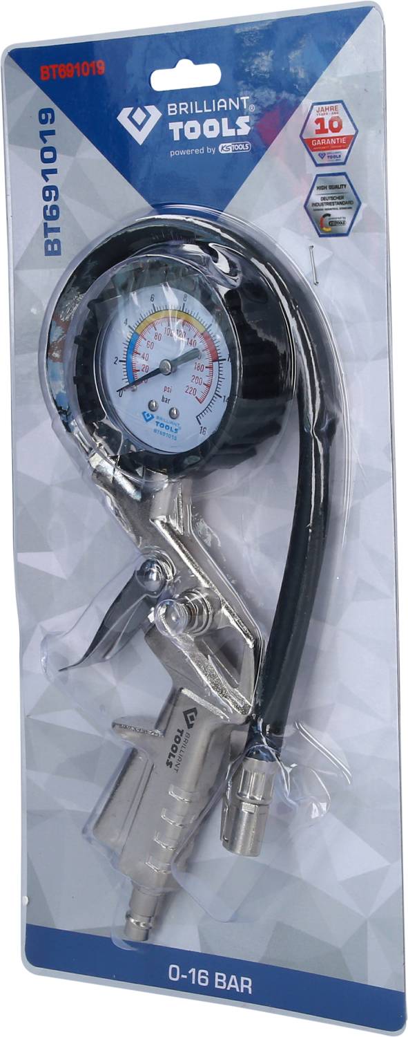 'Brilliant Tools Reifendruckprüfer' in Verpackung, mit Druckanzeige von 0-16 Bar, Schlauch und Manometer, geeignet für Reifenwartung.