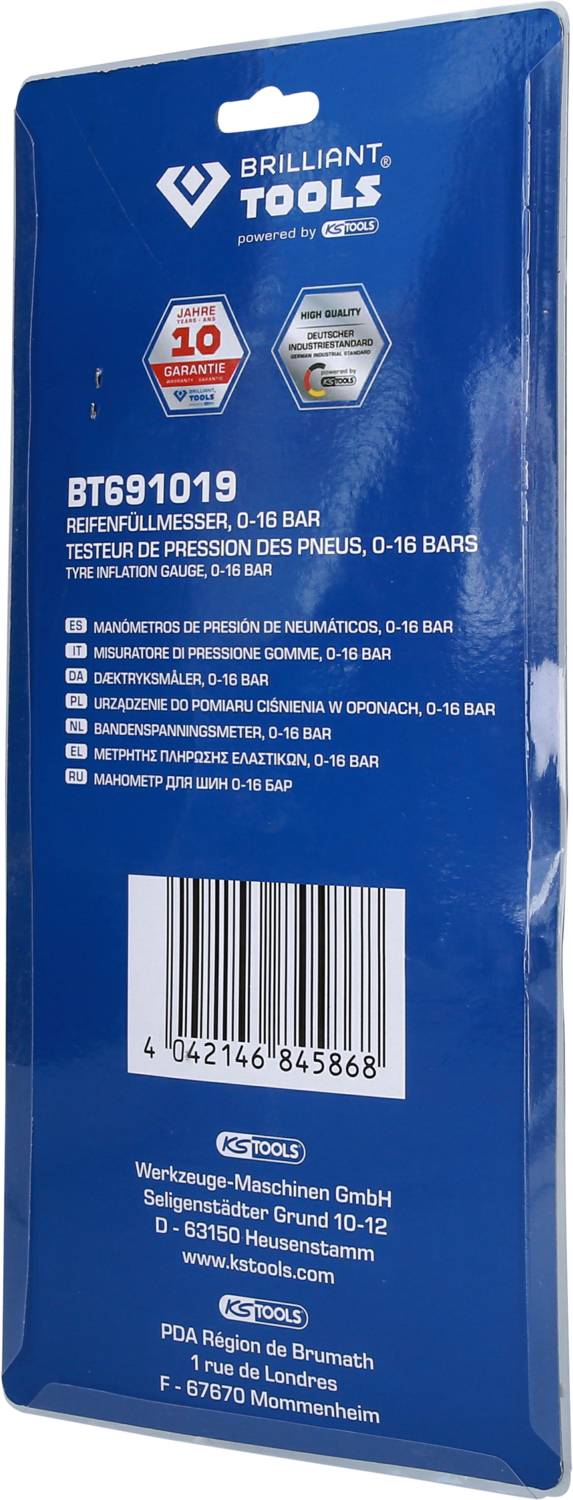 Verpackung eines Reifendruckprüfers, zeigt Produktinformationen und Markenlogo auf blauem Hintergrund. Strichcode unten.