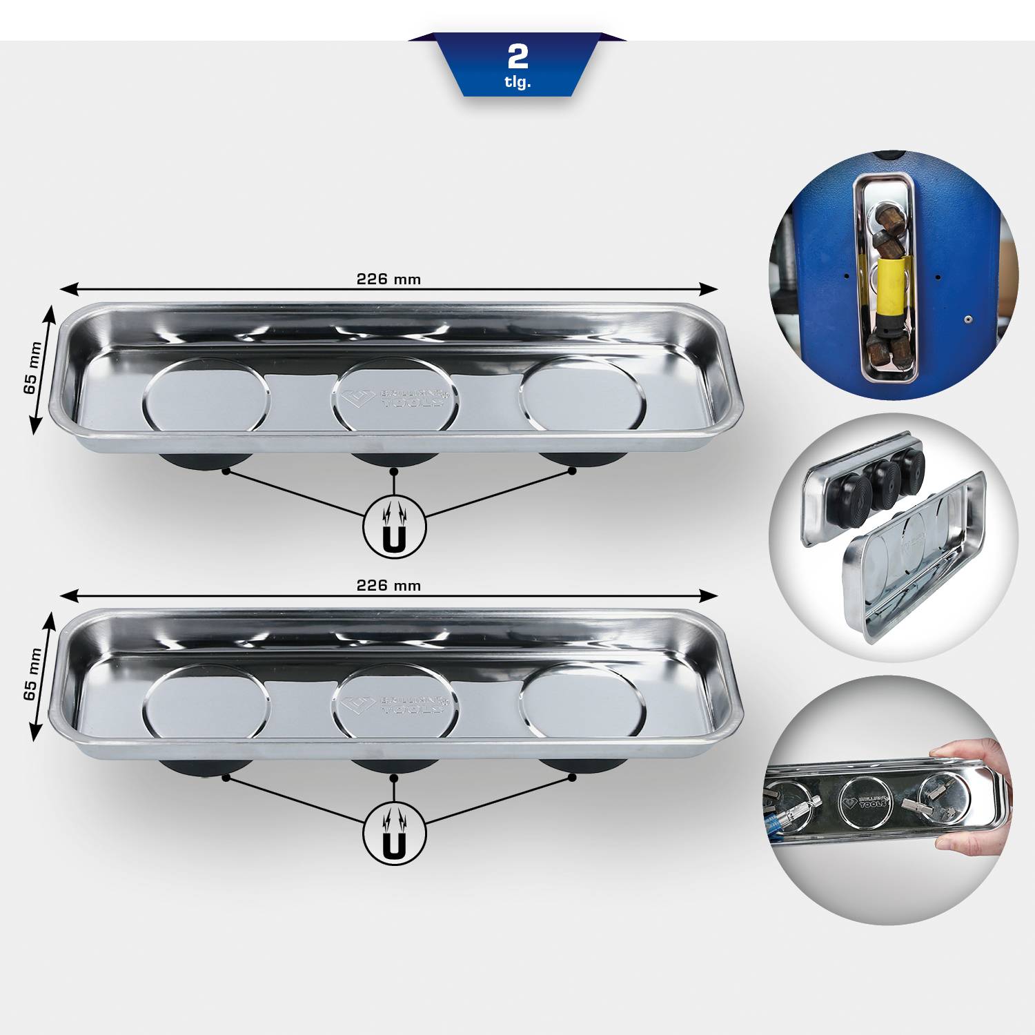 Zwei identische längliche magnetische Ablageschalen, jeweils 226 mm lang und 66 mm breit, für Werkzeuge, mit silbernem Glanz.