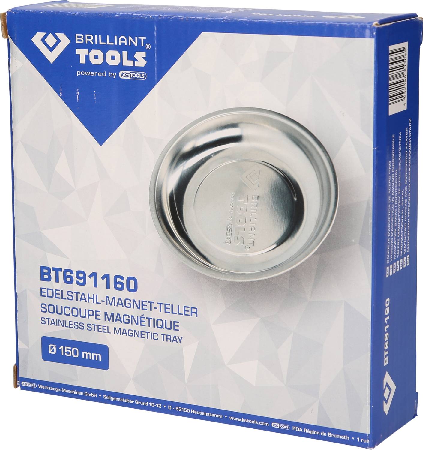 Verpackung für 'Brilliant Tools' Edelstahl-Magnetteller, BT691160, 150 mm. Zeigt das Produkt und Markenlogo.