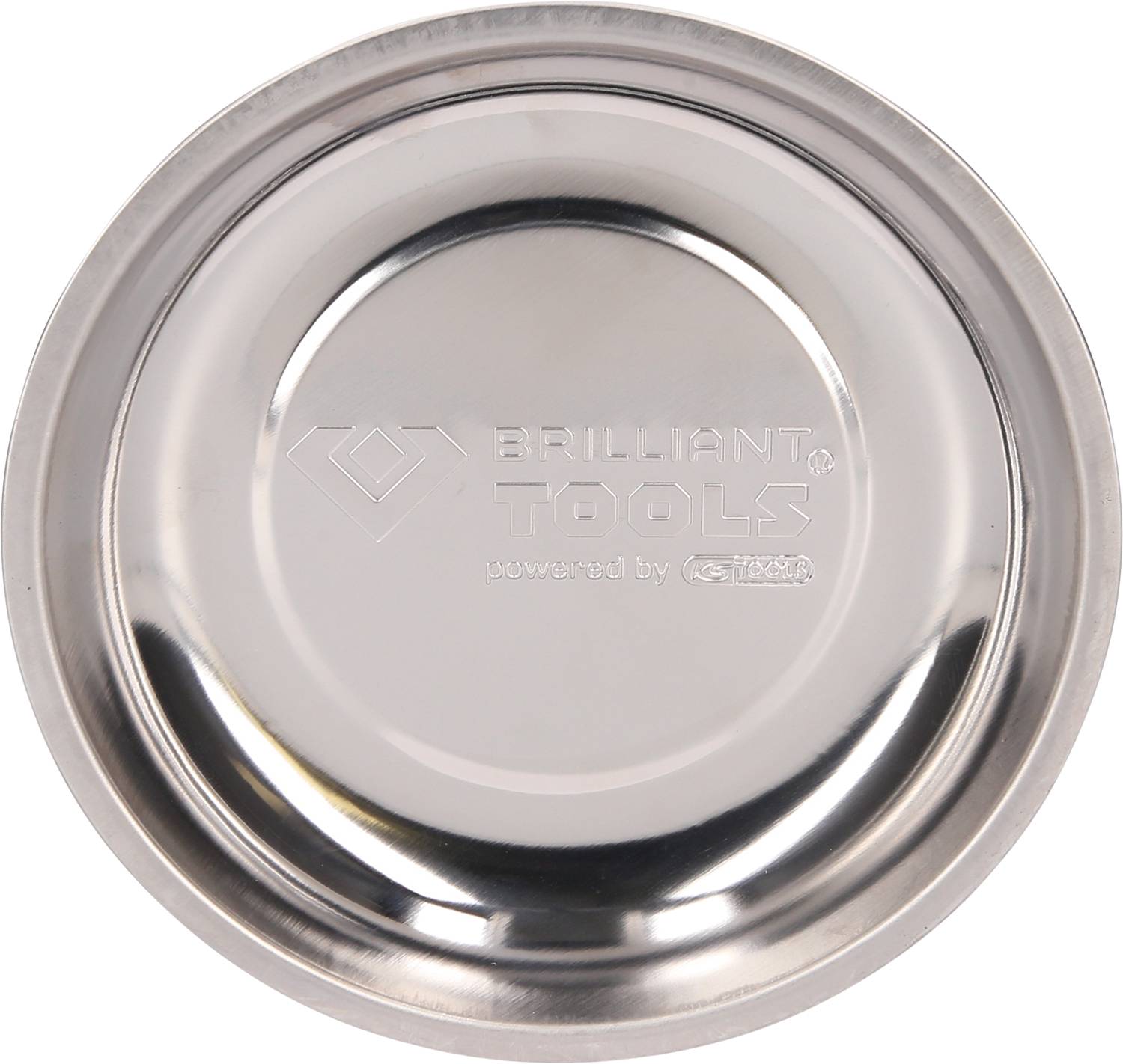 Runde Magnetsschale aus Metall mit der Aufschrift 'BRILLIANT TOOLS' in der Mitte. Verwendet zum Halten von Schrauben und kleinen Metallteilen.