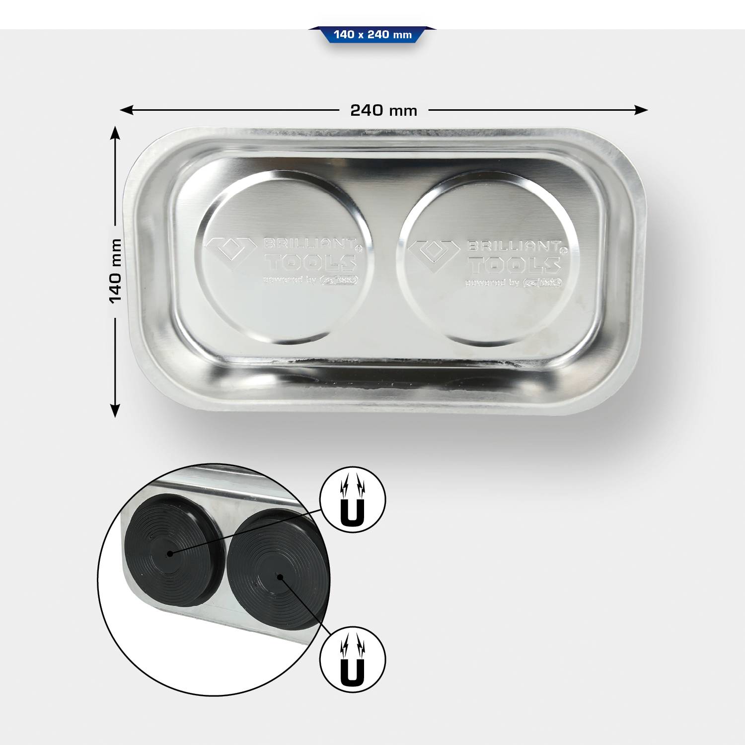 Rechteckige magnetische Edelstahlschale, Abmessungen 240 x 140 mm. Eignet sich zum Halten von Metallgegenständen wie Schrauben.