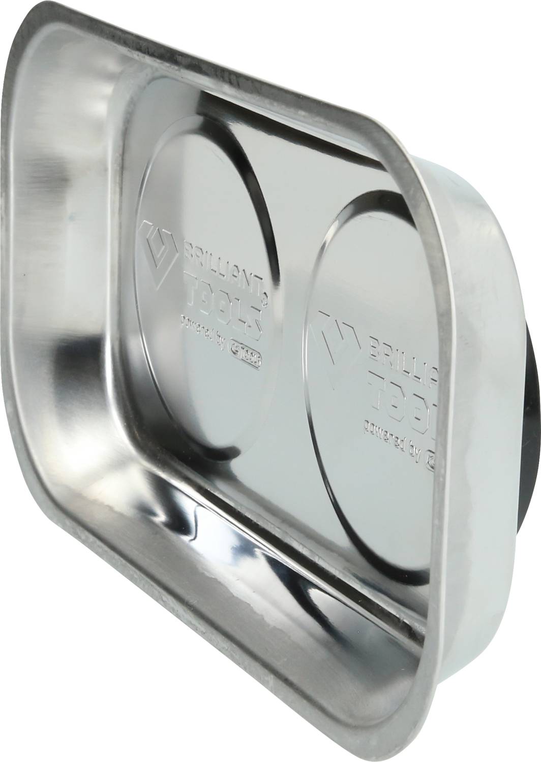 Ein rechteckiger, metallischer Werkzeughalter mit zwei vertieften Bereichen, die runde Gegenstände halten können.