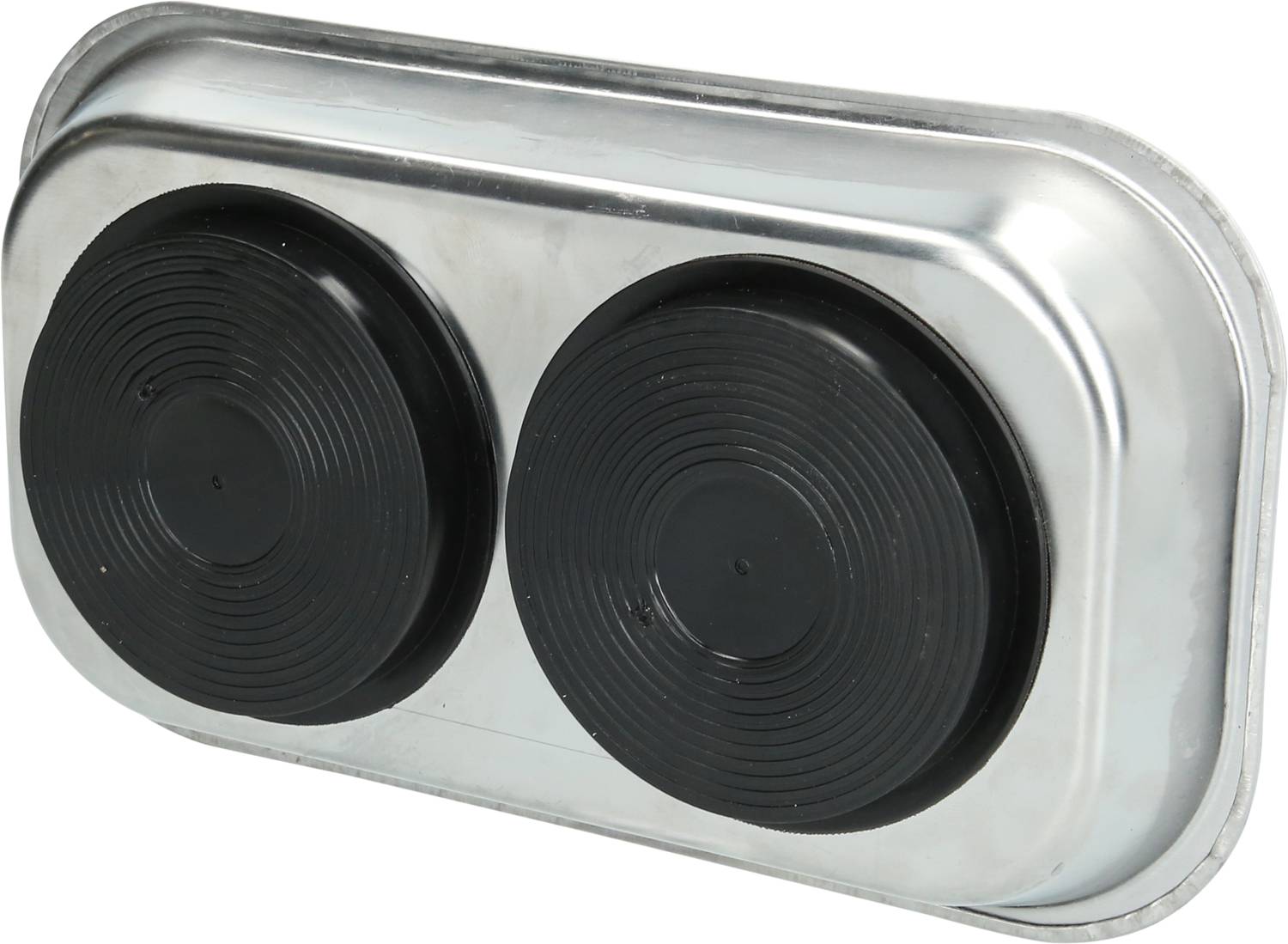 Metallische Seifenschale mit zwei schwarzen, runden Ablaufrillen, die Wasser ablaufen lassen und die Seife trocken halten.