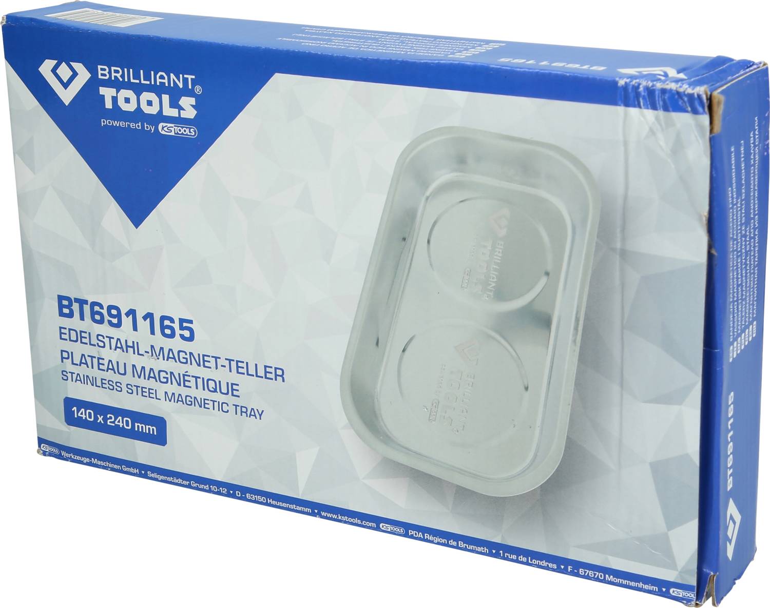 'Brilliant Tools' Edelstahl-Magnet-Teller Verpackung. Enthält ein rechteckiges, silbernes magnetisches Tablett, Maße 140 x 240 mm.