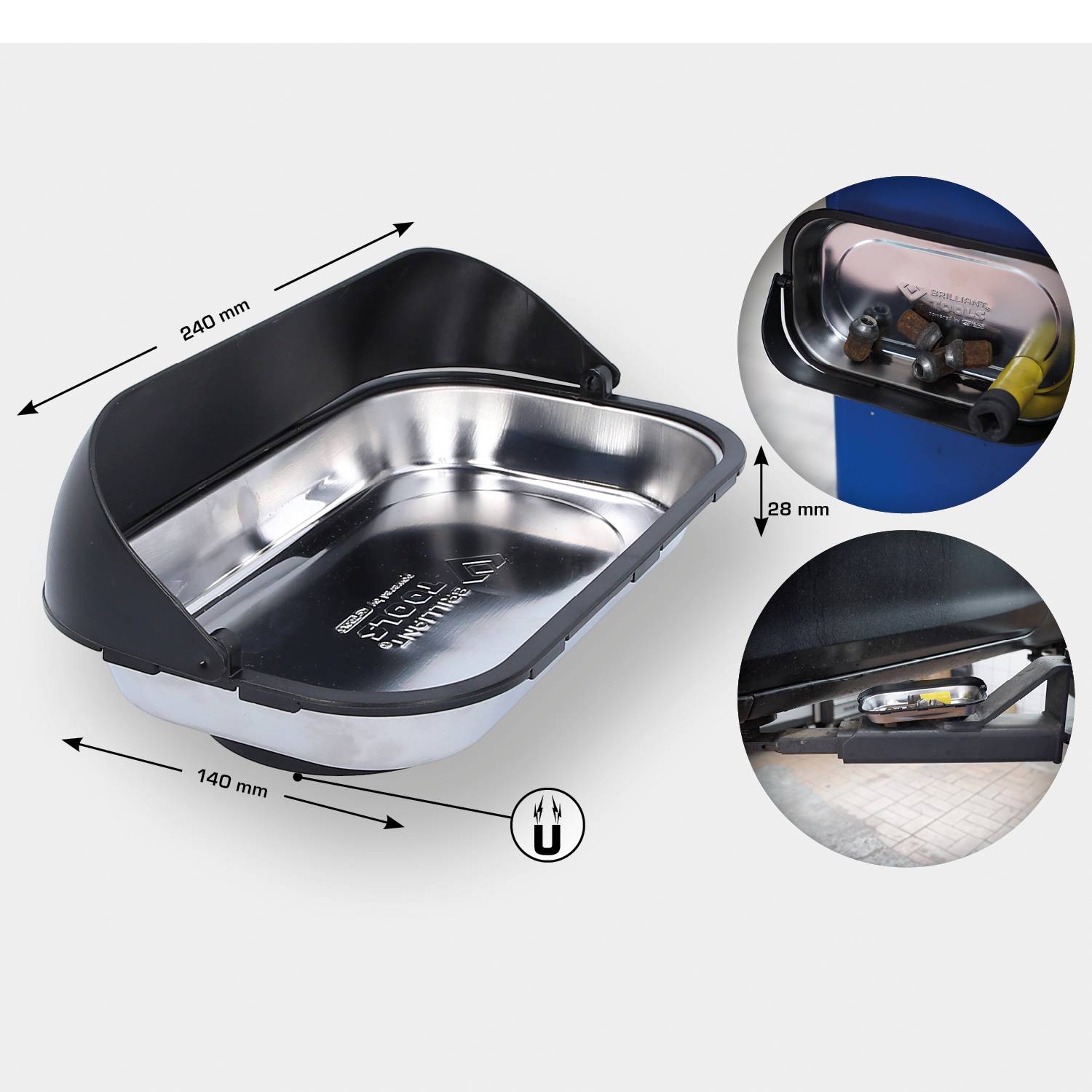 Magnetisches Tablett / Schale aus Edelstahl mit Auffangrahmen 140 x 240 mm Brilliant Tools BT691166