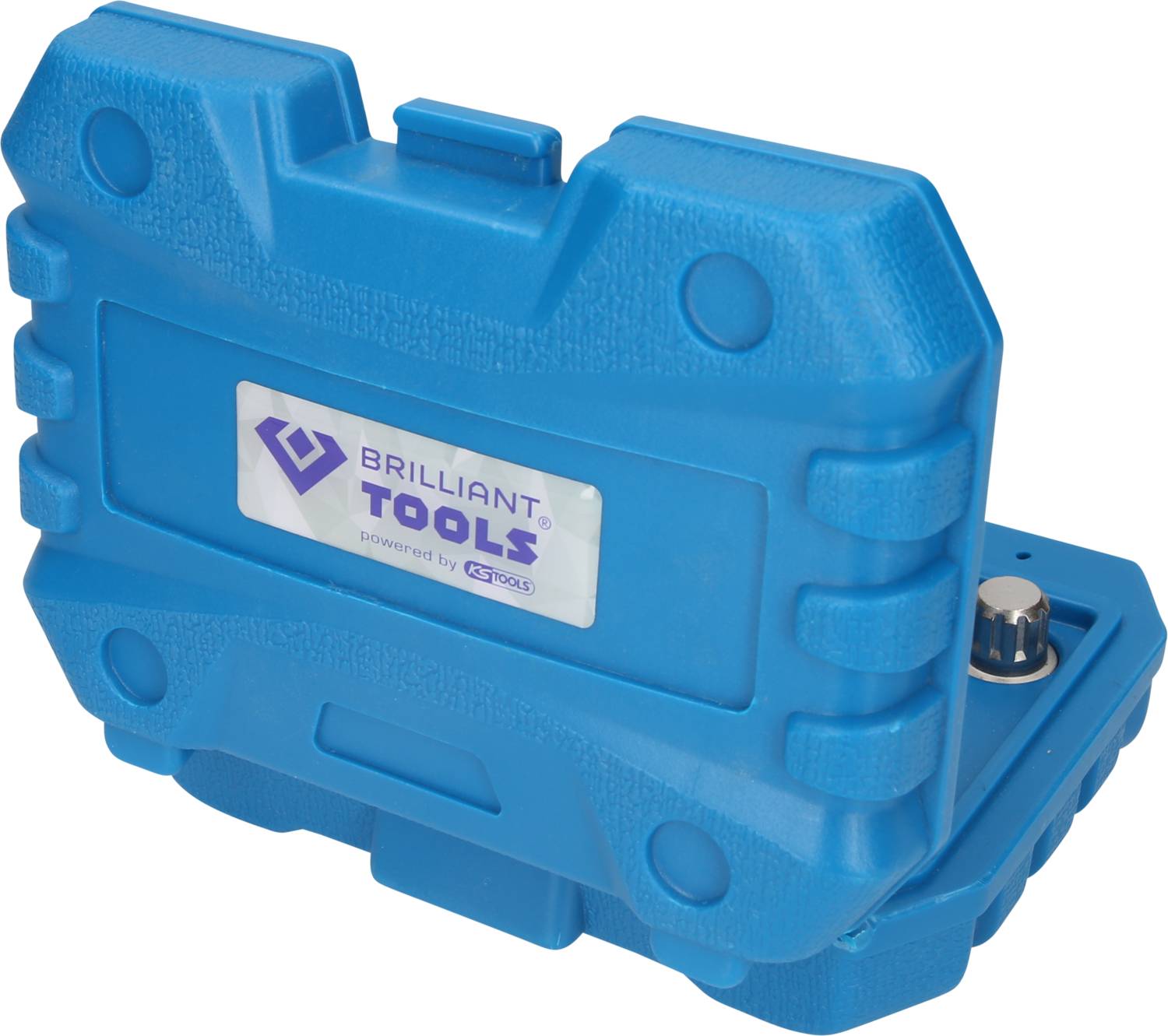 Ein blauer, stabiler Werkzeugkoffer mit dem Aufdruck 'BRILLIANT TOOLS'. Der Koffer ist geschlossen und zeigt robuste Griffe.