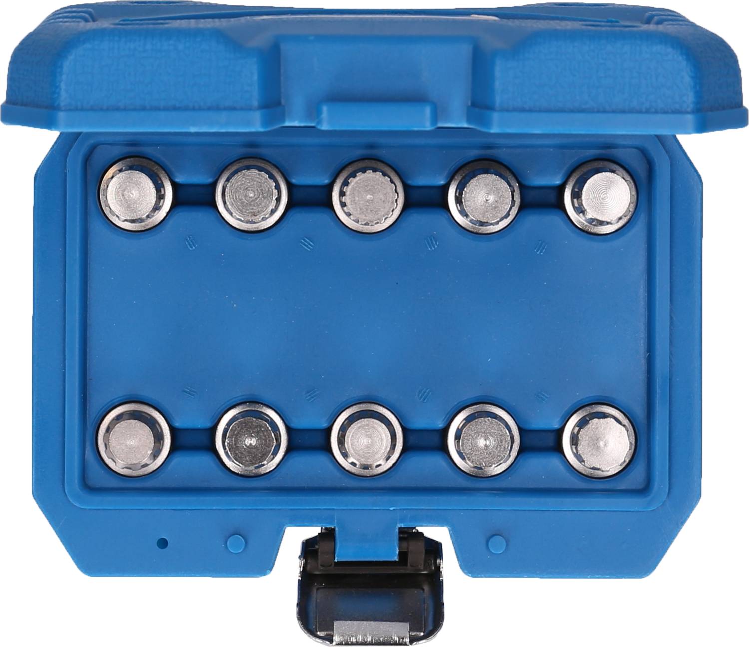 Ein blauer Batteriehalter mit acht silbernen Knopfzellenbatterien in zwei Reihen. Der Halter ist offen und die Batterien sind sichtbar.