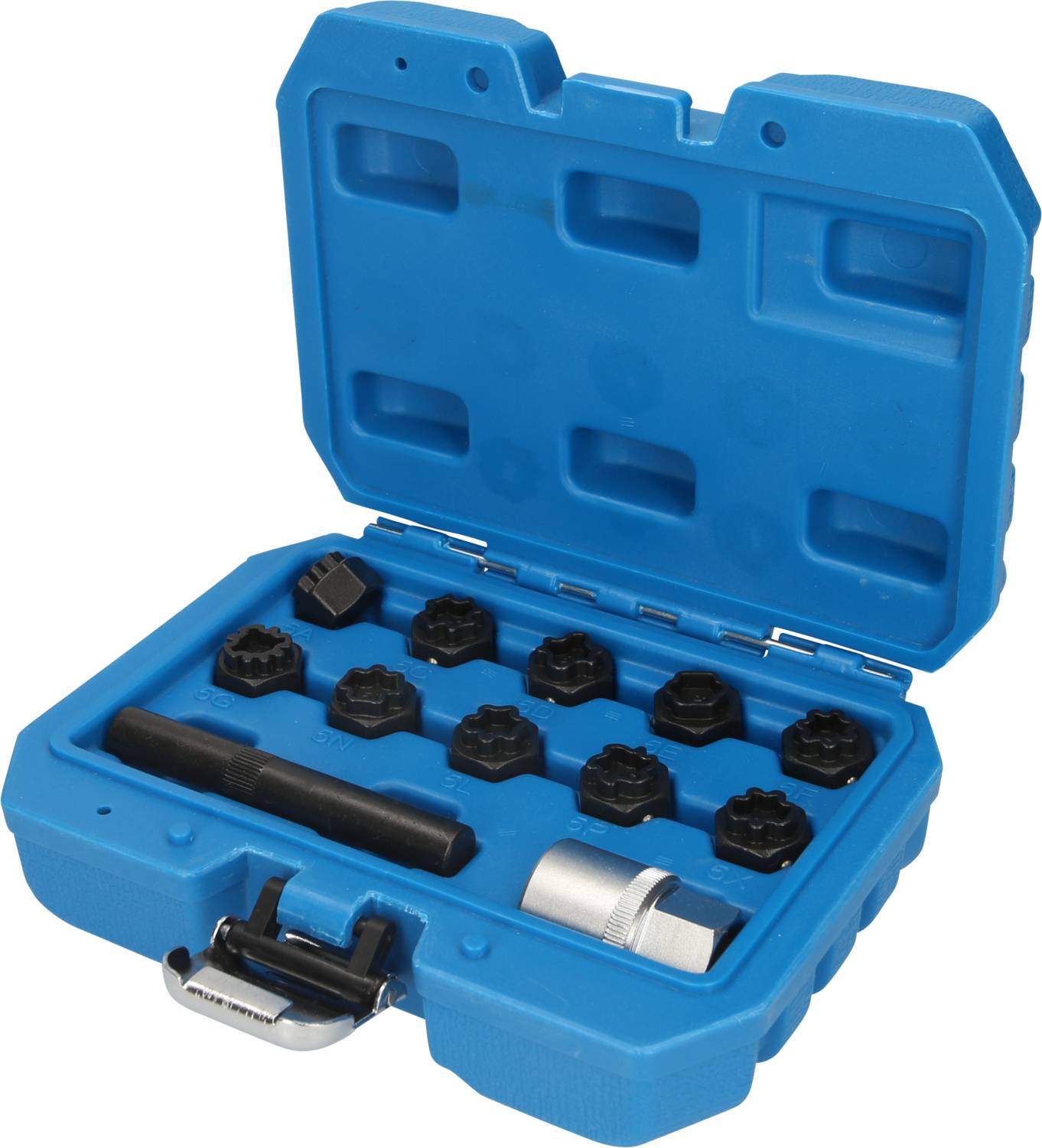 Ein blauer Werkzeugkasten mit verschiedenen Schraubendrehereinsätzen und Griffen, geöffnet und sortiert in Fächern sichtbar.