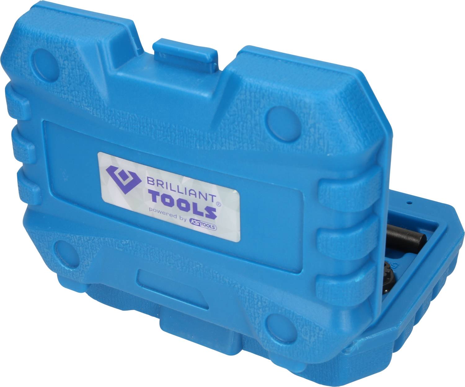 Blauer Kunststoffkoffer mit weißem Etikett 'Brilliant Tools'. Der Koffer ist teilweise geöffnet, was auf enthaltenes Werkzeug hinweist.