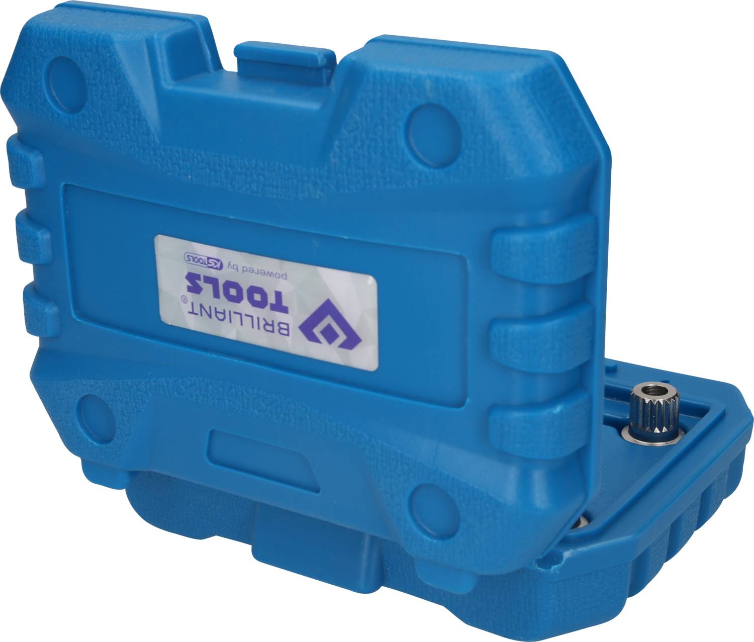 Blaue Werkzeugkiste mit teilweise geöffnetem Deckel, zeigt 'Brilliant Tools' Logo auf der Seite. Enthält diverse Werkzeuge.