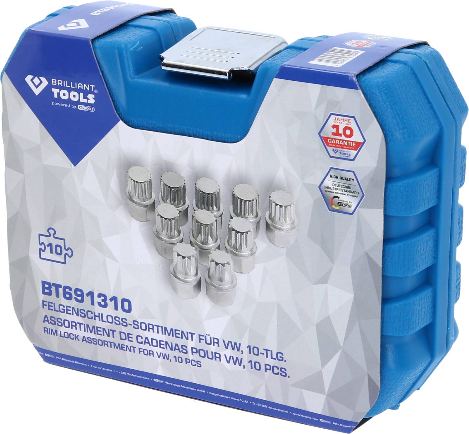 Blauer Koffer mit Felgenschloss-Sortiment für VW, 10-teilig. Markenname 'Brilliant Tools' und Garantiehinweis sichtbar.