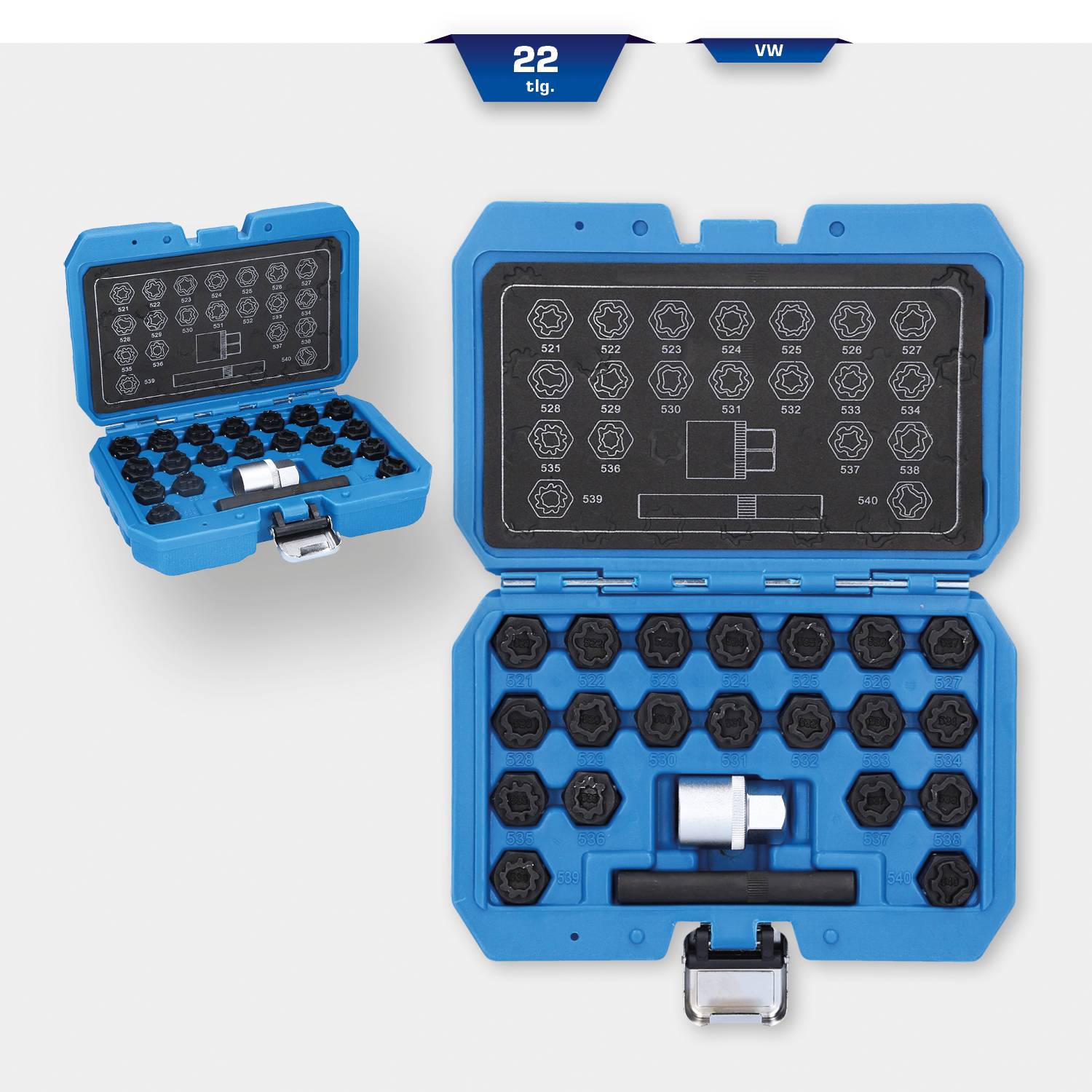 Blauer Steckschlüssel-Satz mit 22 Teilen in einem Etui. Geöffnetes Etui zeigt verschiedene Aufsätze in einem Schaumstoffrahmen.