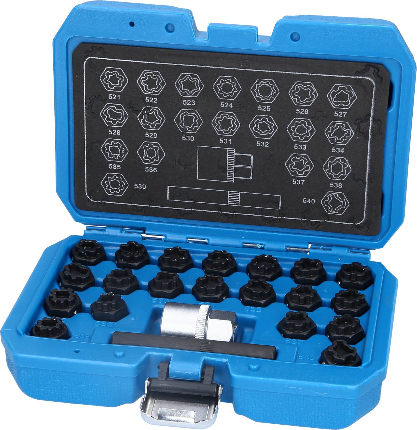 Blauer Werkzeugkoffer mit 20 Steckschlüsseln in unterschiedlichen Größen, ordentlich angeordnet, mit einem silbernen Adapter in der Mitte.