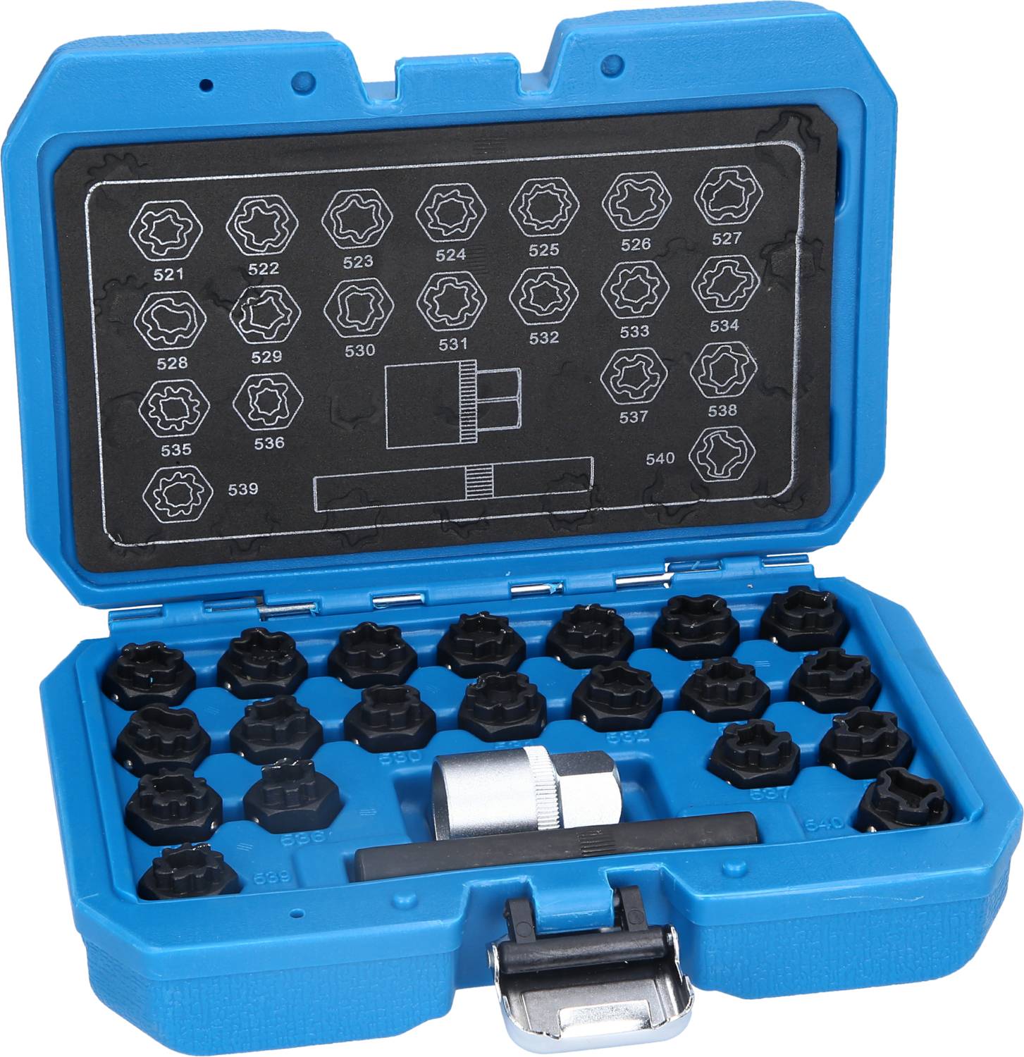 Ein blauer Werkzeugkoffer mit verschiedenen Steckschlüsseln und einem Adapter. Die Innenseite des Deckels zeigt Grafiken der enthaltenen Steckschlüsseleinsätze.