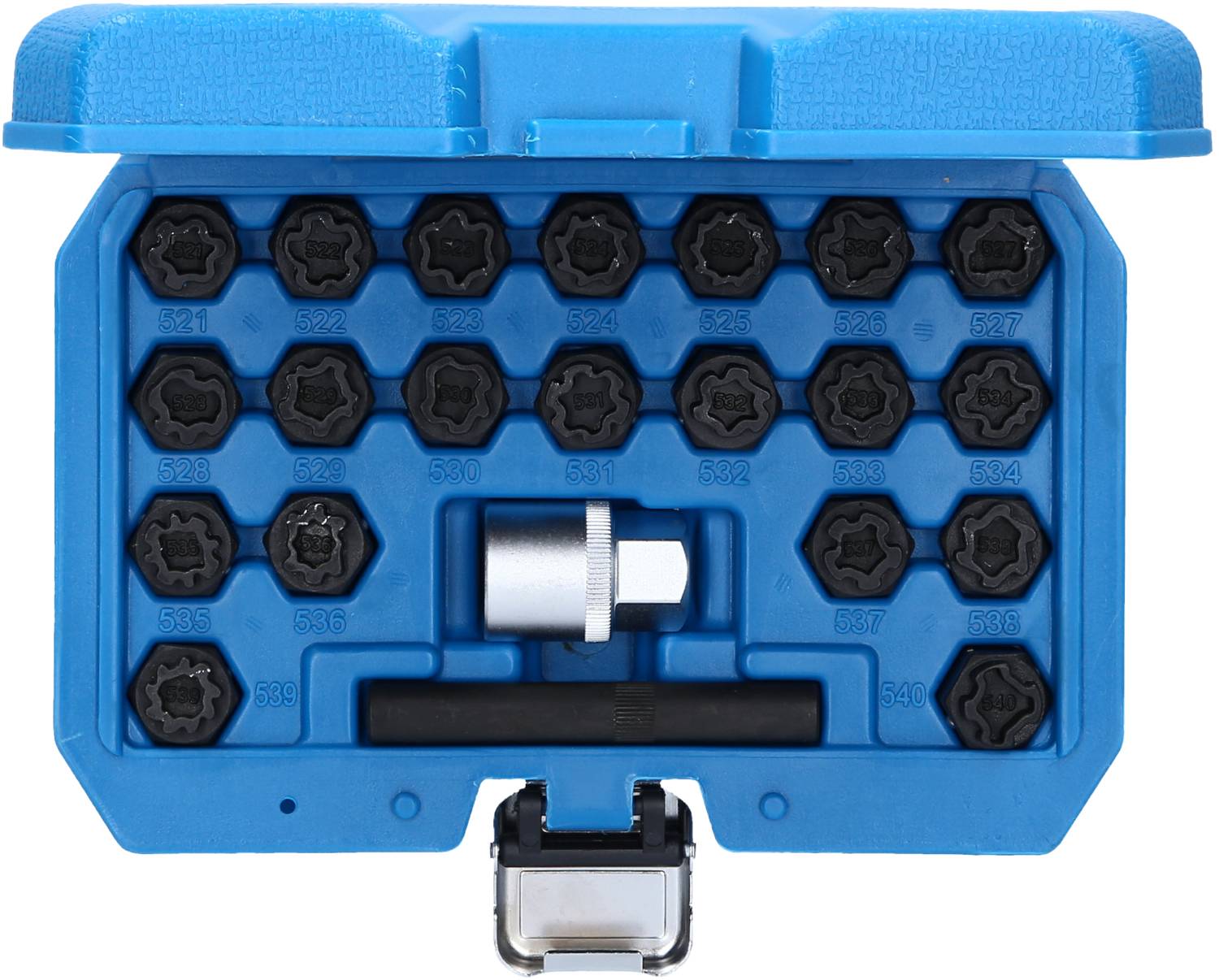 Blauer Werkzeugkoffer mit sechseckigen Steckschlüsseln, nummeriert von 521 bis 620. Enthält Adapter und Hebel.