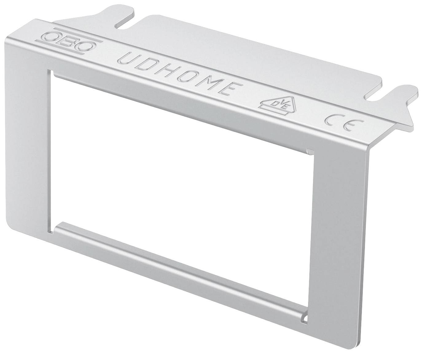 Metallrahmen mit Aufschrift 'OBO UDHOME'. Rechteckige Öffnung in der Mitte. Gebrauchshinweise, inklusive CE-Zeichen, sind sichtbar.