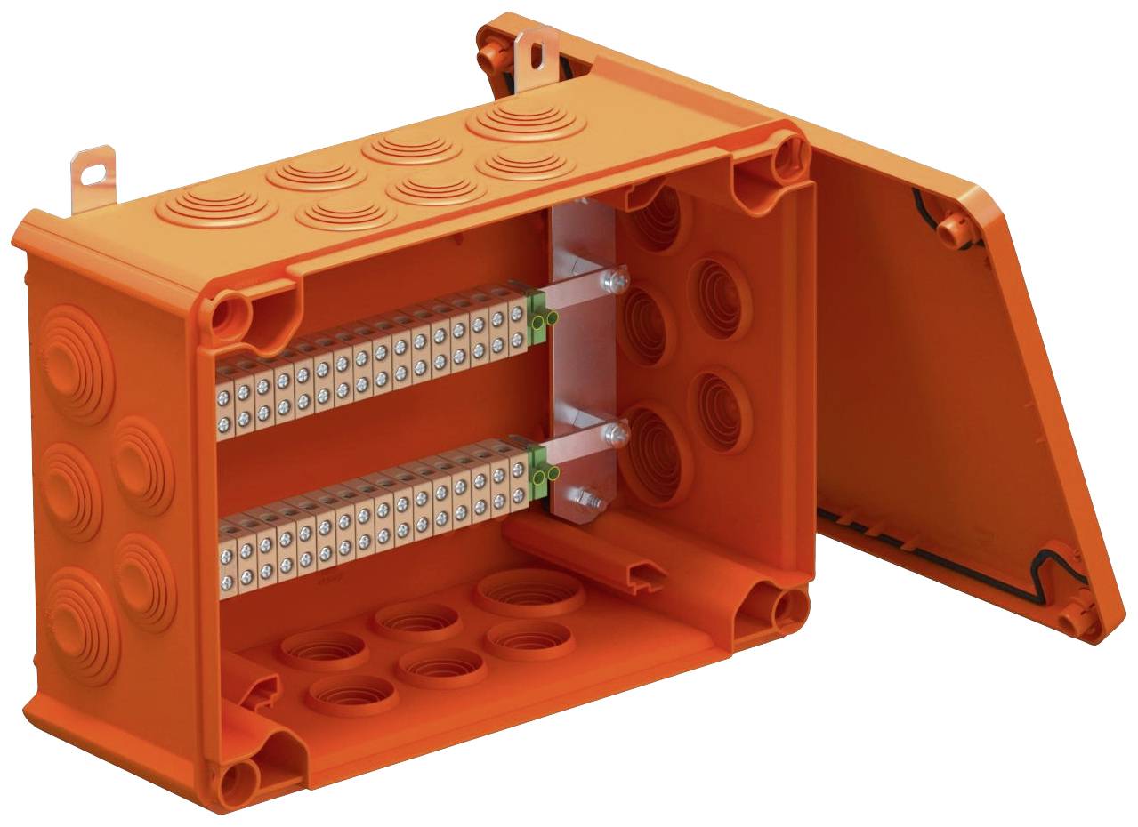 Orange Elektroverteilerdose mit geöffnetem Deckel, zeigt zwei Reihen Anschlussklemmen im Inneren. Geeignet für Kabelverbindungen.