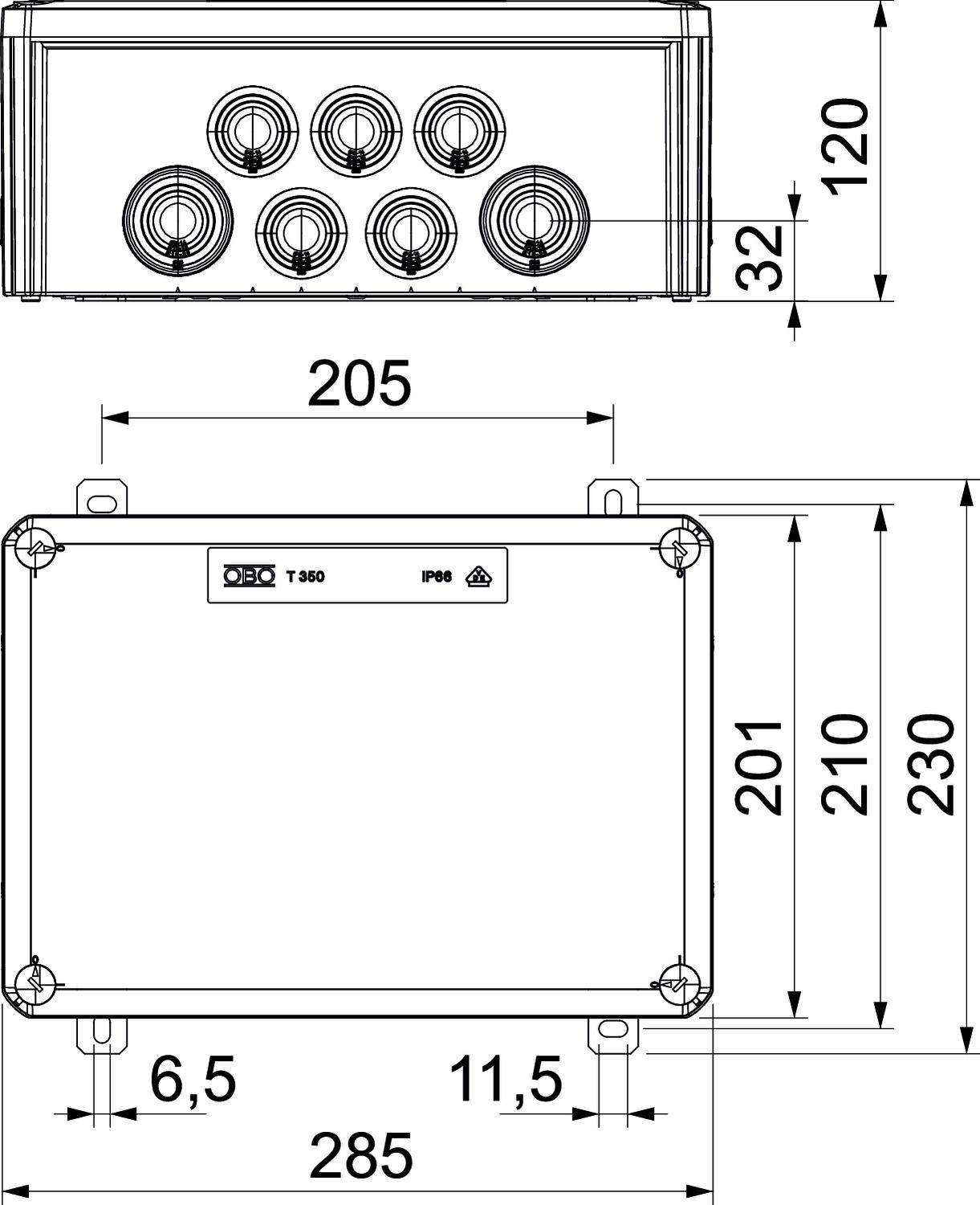 Technische Zeichnung eines rechteckigen Gehäuses mit Abmessungen: 285 mm breit, 230 mm hoch. Sechs Anschlussöffnungen oben.