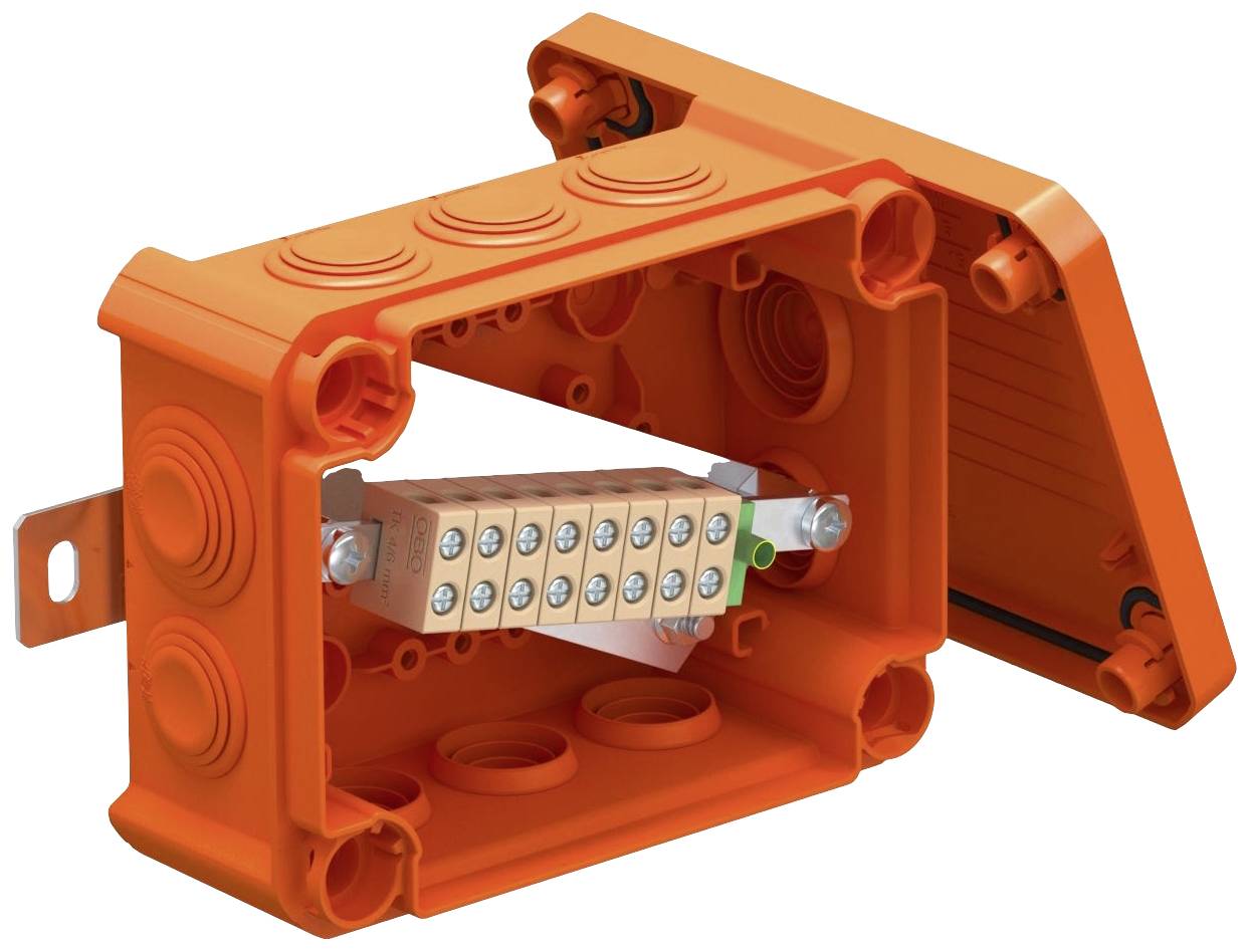 Oranges Kunststoff-Gehäuse mit offenem Deckel zeigt eine Reihe von elektrischen Anschlussklemmen im Inneren.