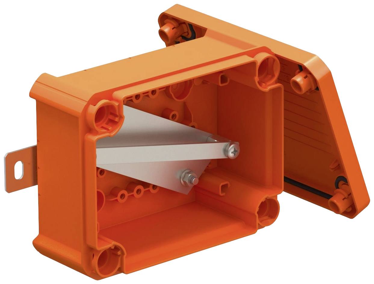 Orange Verbindungskasten mit abgenommenem Deckel, zeigt innenliegende Befestigungsschrauben und Metallstreben. Geeignet für Elektroinstallationen.