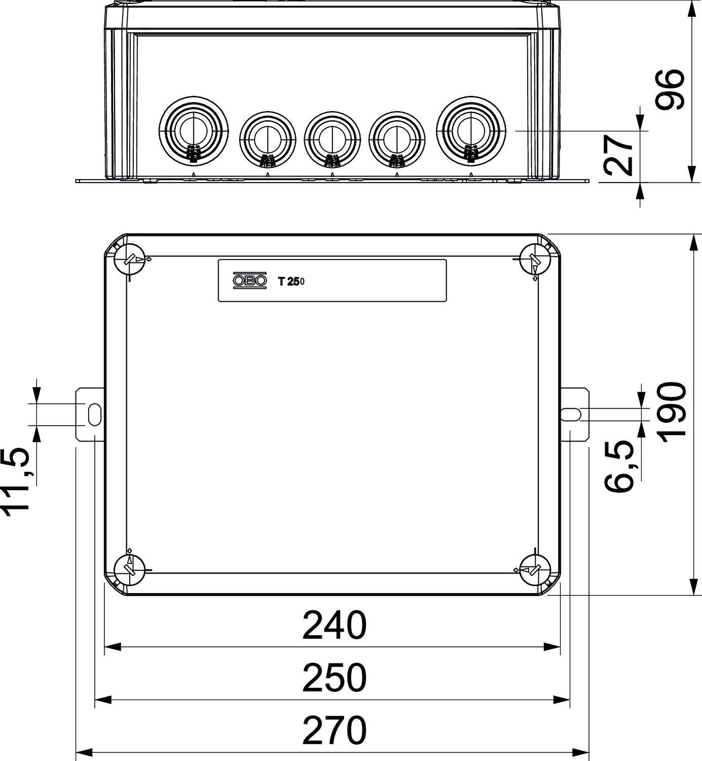 Technische Zeichnung eines rechteckigen Gerätekastens mit Maßangaben. Ansicht von vorne und der Seite. Maße: Breite 270, Höhe 190 mm.