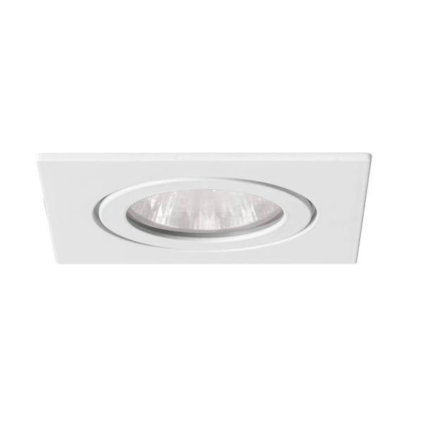 Quadratischer Einbaustrahler in Weiß mit rundem Leuchtenausschnitt. Minimalistisches Design, geeignet für moderne Innenräume.