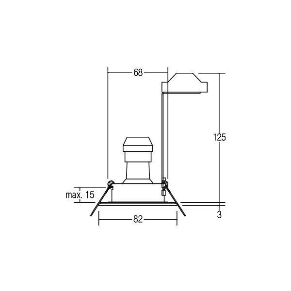 Technische Zeichnung einer Lüftungseinheit mit Maßen: Höhe 125 mm, Breite 68 mm, Gesamttiefe 82 mm. Maximale Tiefe 15 mm.