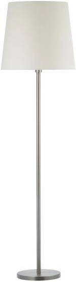 Eine schlanke, moderne Stehlampe mit einem weißen, kegelförmigen Lampenschirm und einem silbernen, zylindrischen Ständer.