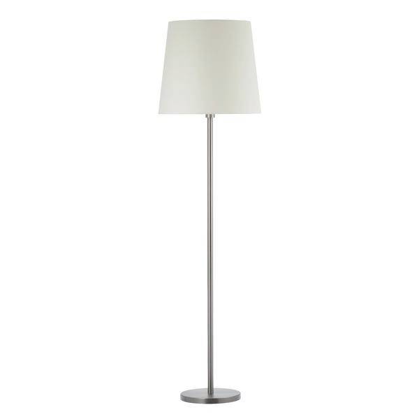 Stehende Lampe mit weißem Lampenschirm und silbernem Standfuß, vor neutralem Hintergrund.