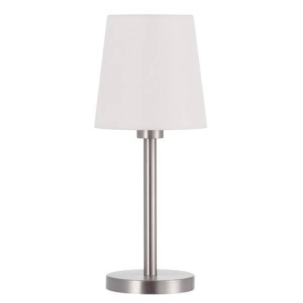 Weiße Tischlampe mit Metallfuß und schlichtem, modernen Design. Ideal für Wohn- oder Schlafzimmer.