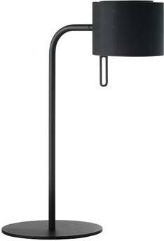 Schwarze, moderne Tischlampe mit rundem Sockel und zylindrischem Lampenschirm.  Minimalistisches Design, geeignet für Schreibtische.