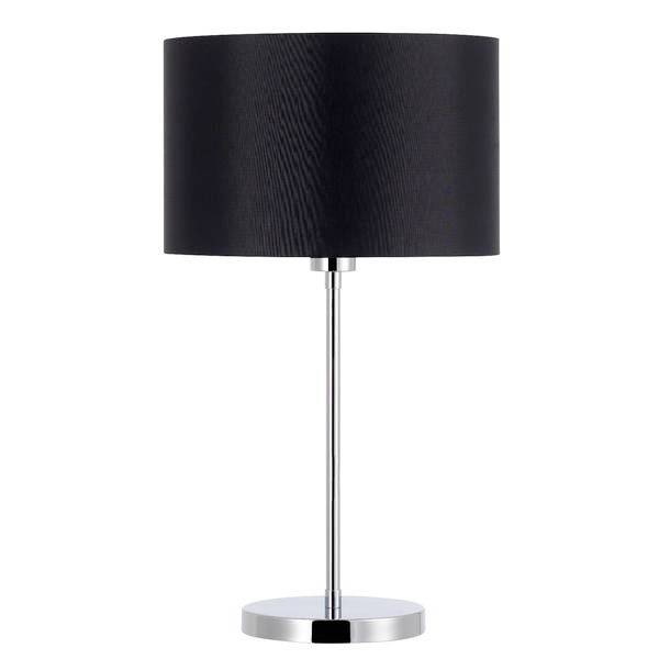 Eine Tischlampe mit schwarzem, zylindrischem Lampenschirm und silbernem Metallfuß, stehend auf einer glatten runden Basis.