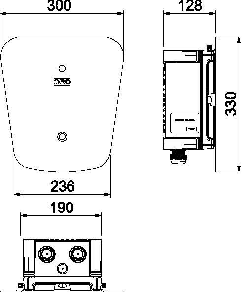 Technische Zeichnung eines Geräts mit Maßen. Die Vorderseite zeigt 300 mm Breite und 236 mm Höhe. Seitenansicht: 128 mm Tiefe, 330 mm Höhe.