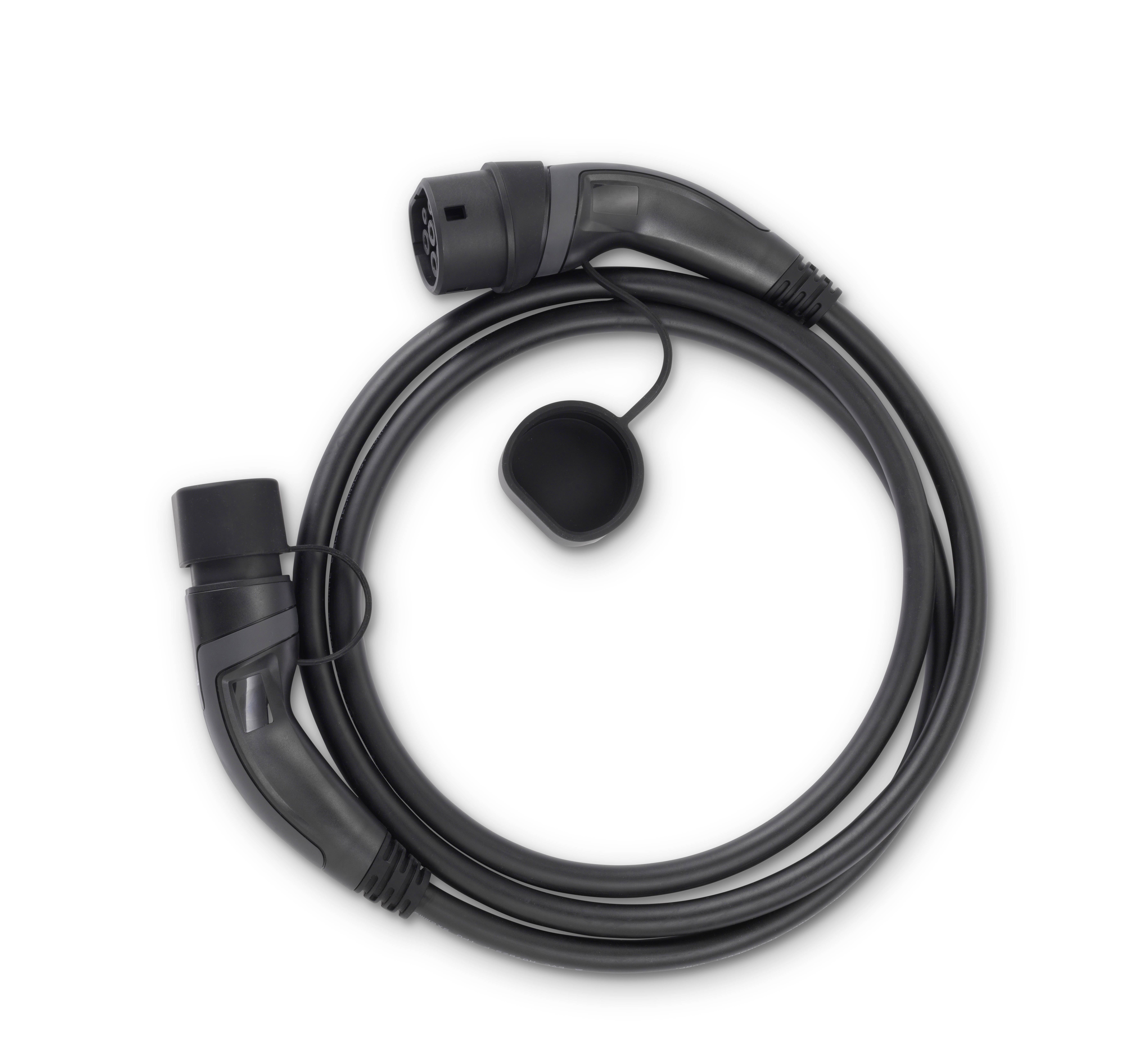 Elektroladekabel mit Stecker und Abdeckung, bereit zur Nutzung. Geeignet für das Aufladen von Elektrofahrzeugen.